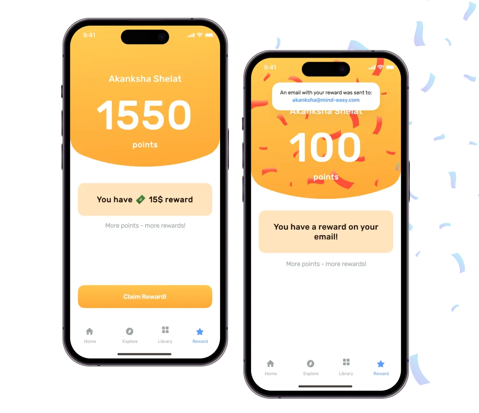 Mind Easy reward screens: 1550 points and a $15 reward to claim, then confetti confirming the reward was emailed.