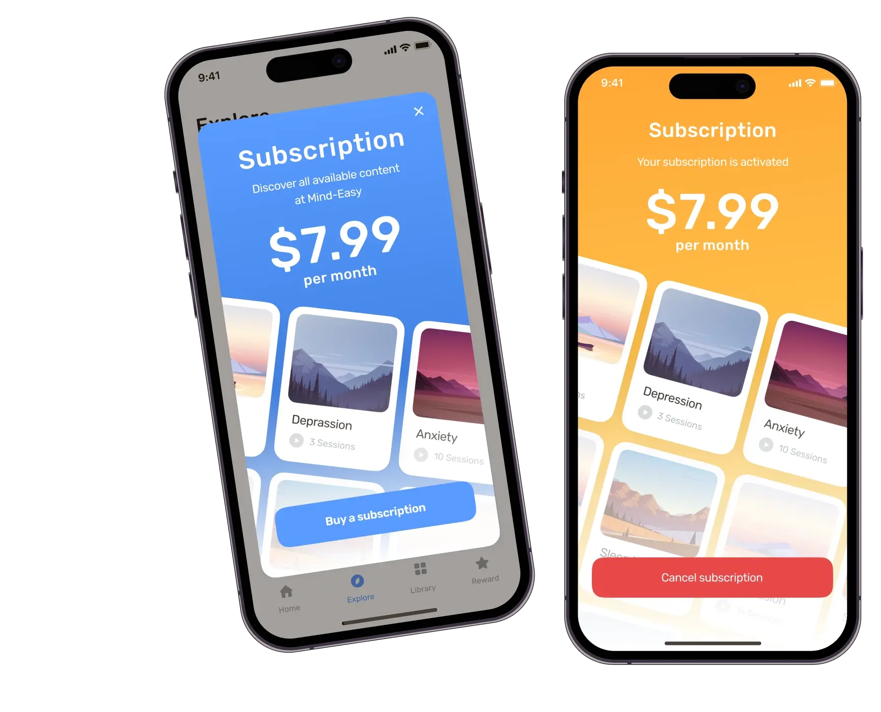 Two Mind Easy subscription screens at $7.99 per month: the buy state in blue and the activated state in orange.