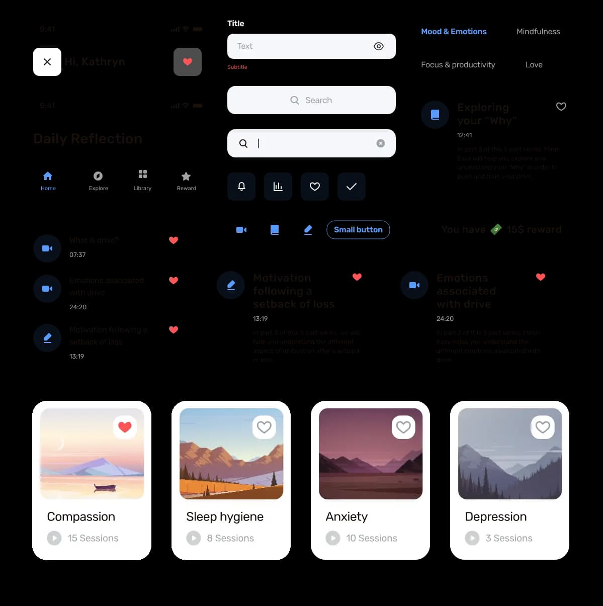 Mind Easy UI kit: navigation bars, search and text fields, buttons, category chips, session list items and topic cards.