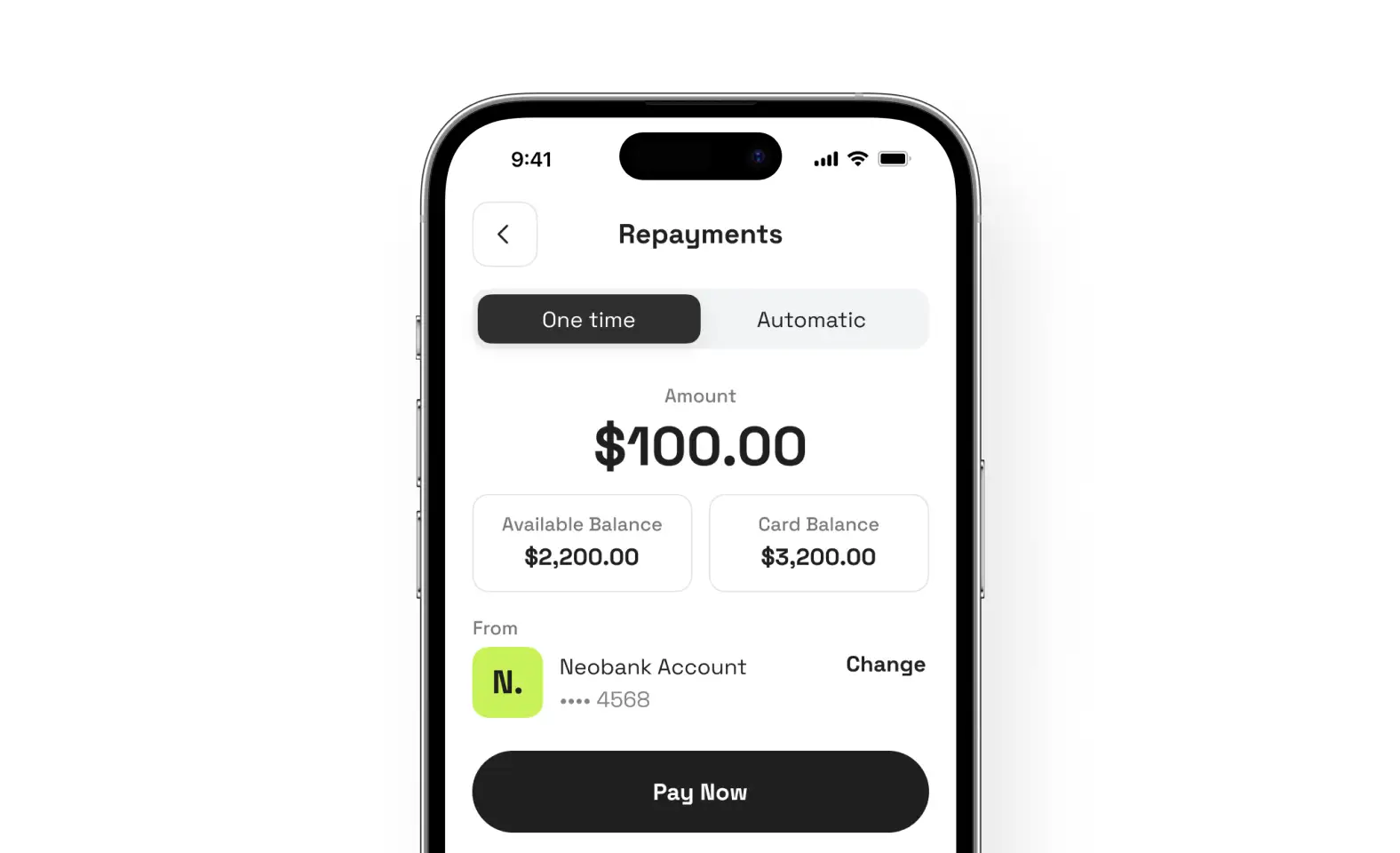 Neobank app repayment screen on iPhone showing a $100.00 amount and Pay Now action.
