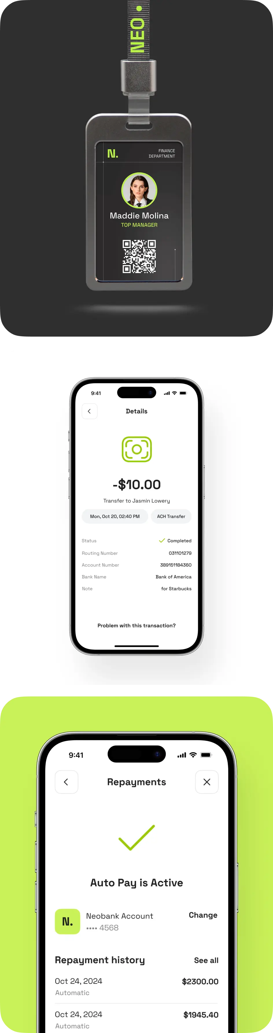 Neobank employee badge next to app transaction details and auto pay repayment screens.
