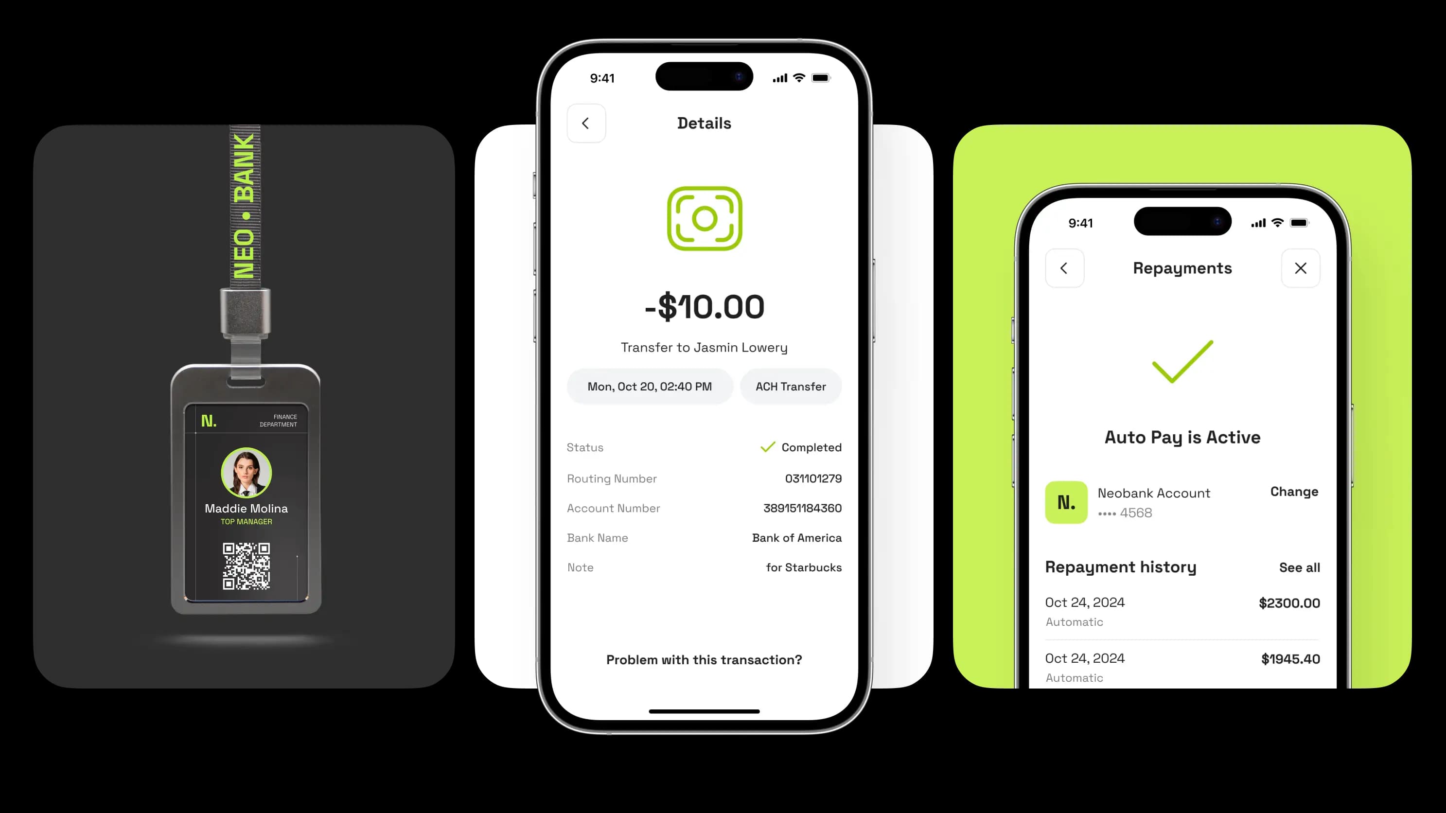 Neobank employee badge next to app transaction details and auto pay repayment screens.