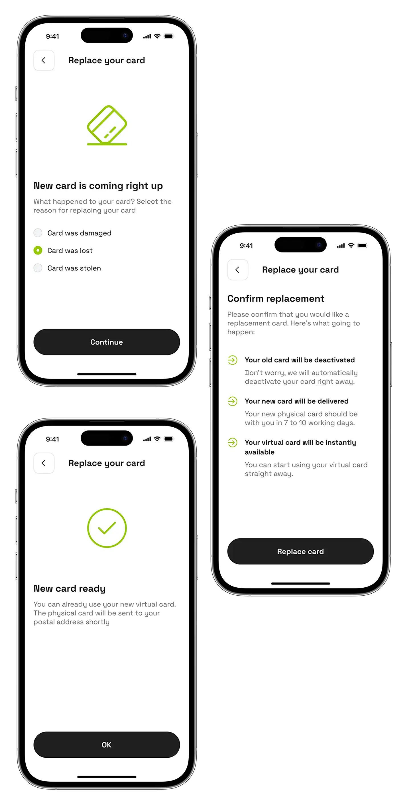 Neobank app card replacement flow shown on three iPhone mockups.