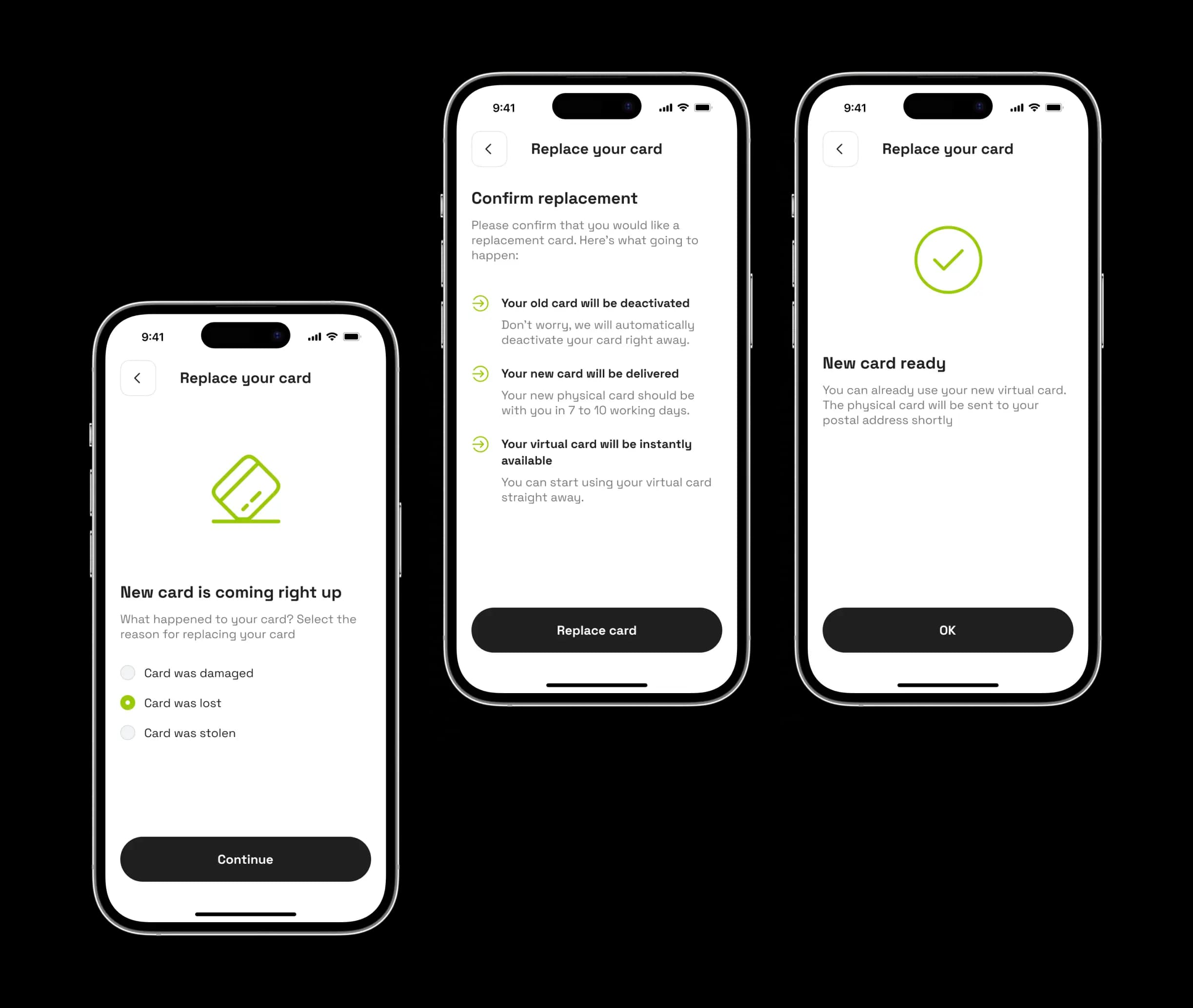 Neobank app card replacement flow shown on three iPhone mockups.