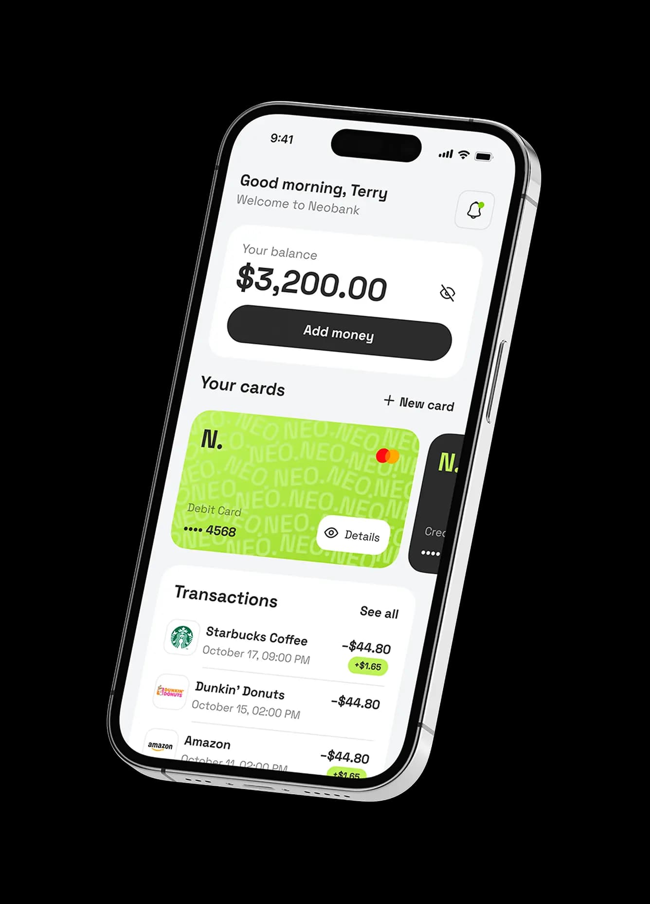 Neobank app home screen on iPhone showing a $3,200.00 balance and transactions.