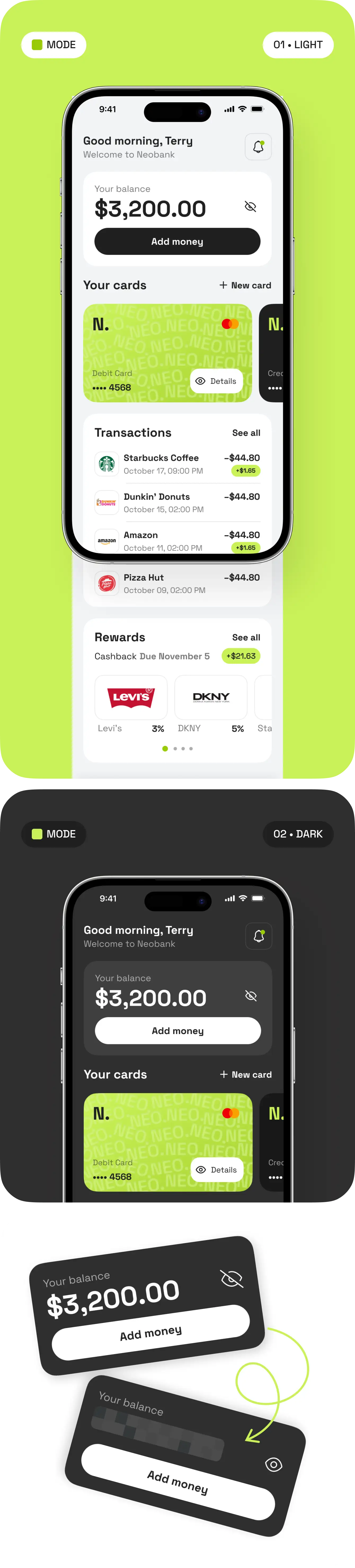 Neobank app home screen in light and dark mode with a $3,200.00 balance.