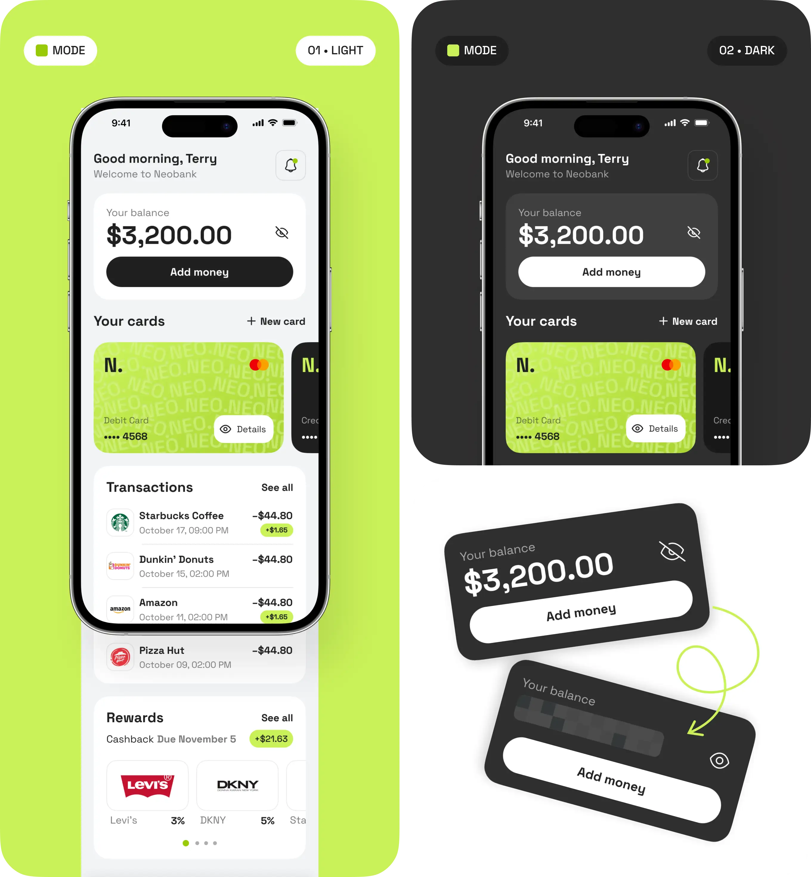 Neobank app home screen in light and dark mode with a $3,200.00 balance.