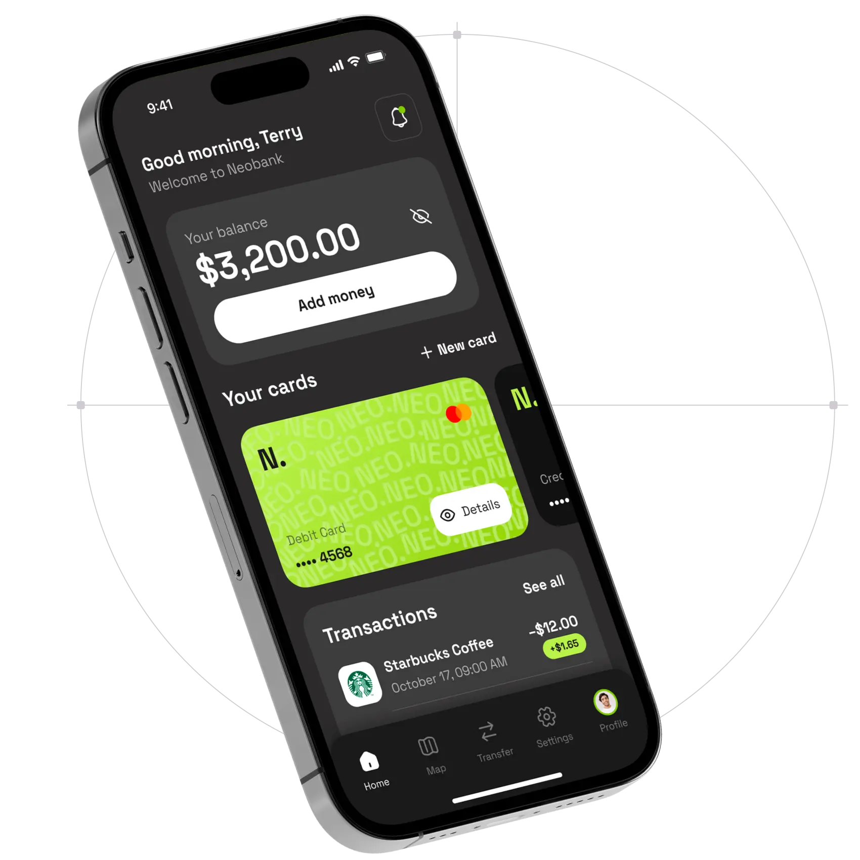 Neobank app home screen in dark mode on iPhone with a $3,200.00 balance and a Starbucks transaction.