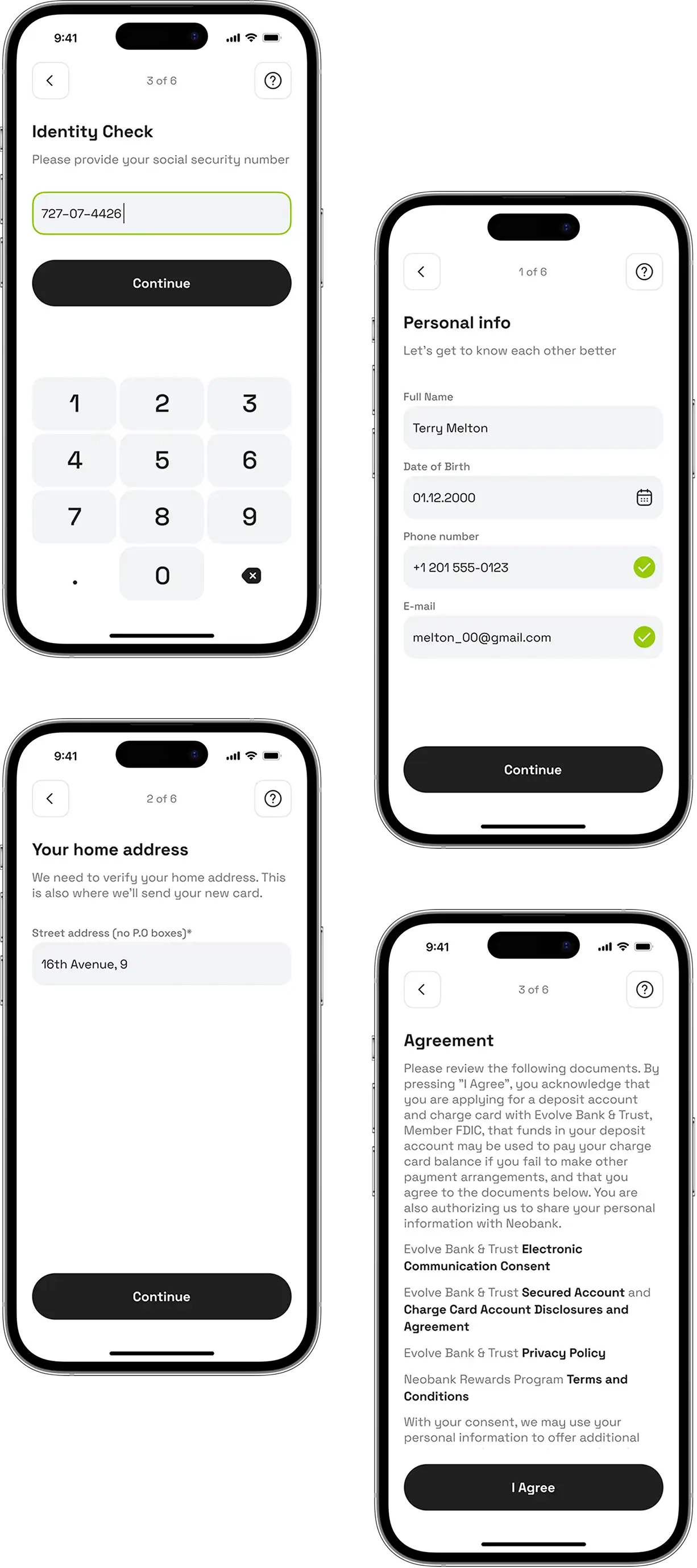 Neobank app KYC identity verification steps shown across four iPhone screens.