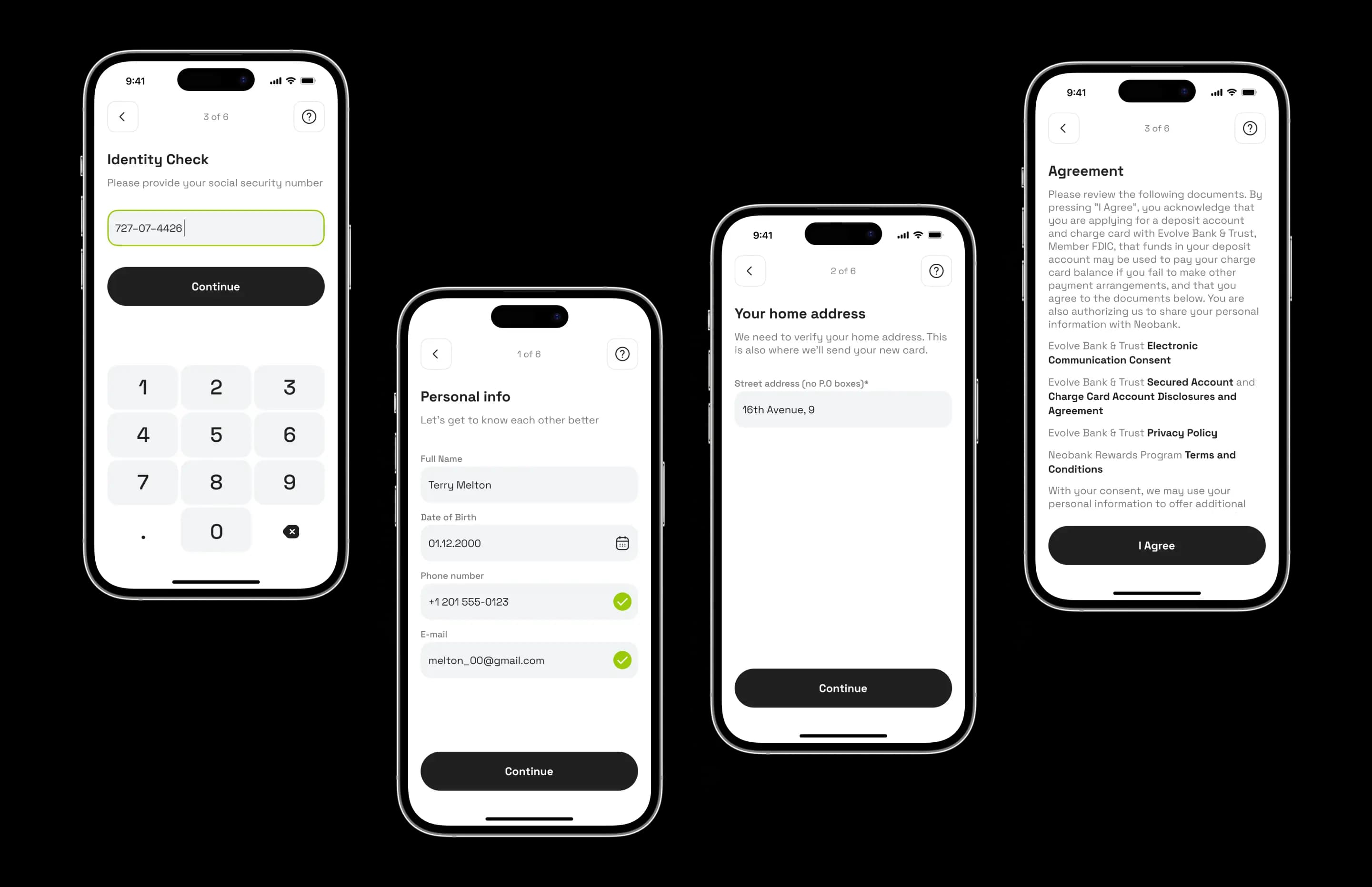 Neobank app KYC identity verification steps shown across four iPhone screens.