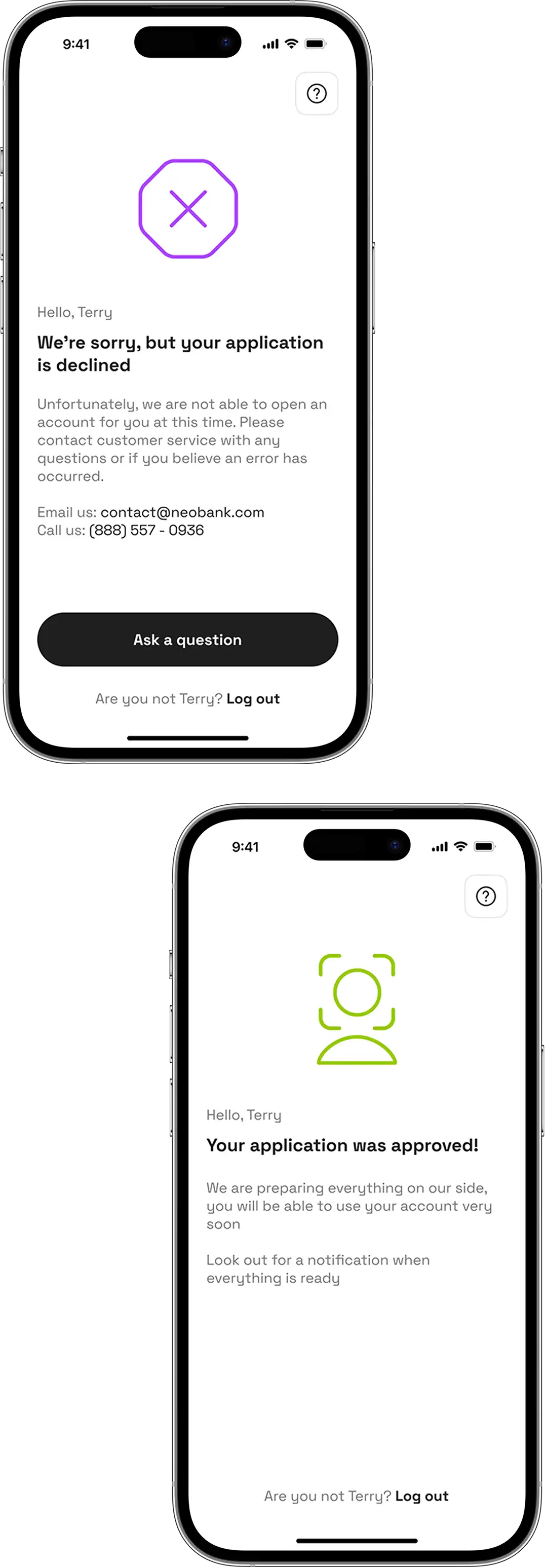 Neobank app application status notification screens on two iPhone mockups.