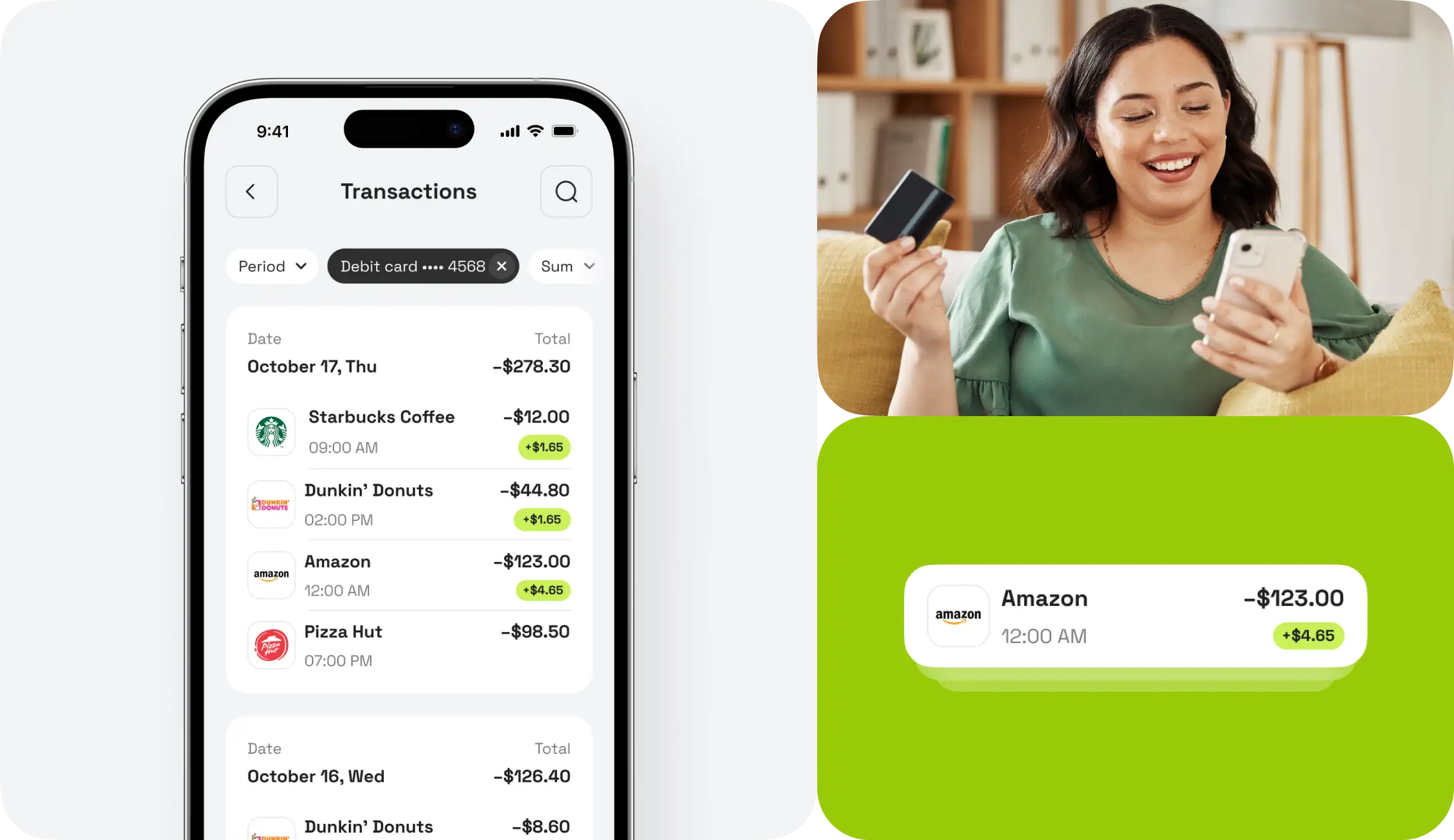 Neobank app transactions list showing cashback earned on partner purchases like Starbucks and Amazon.