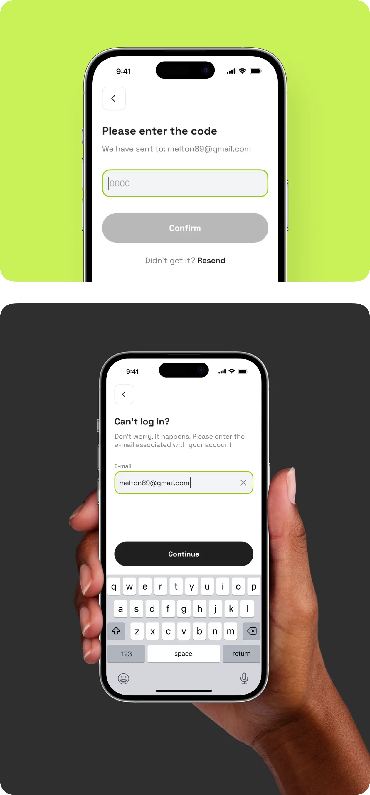 Neobank app password recovery screens: e-mail entry and verification code.