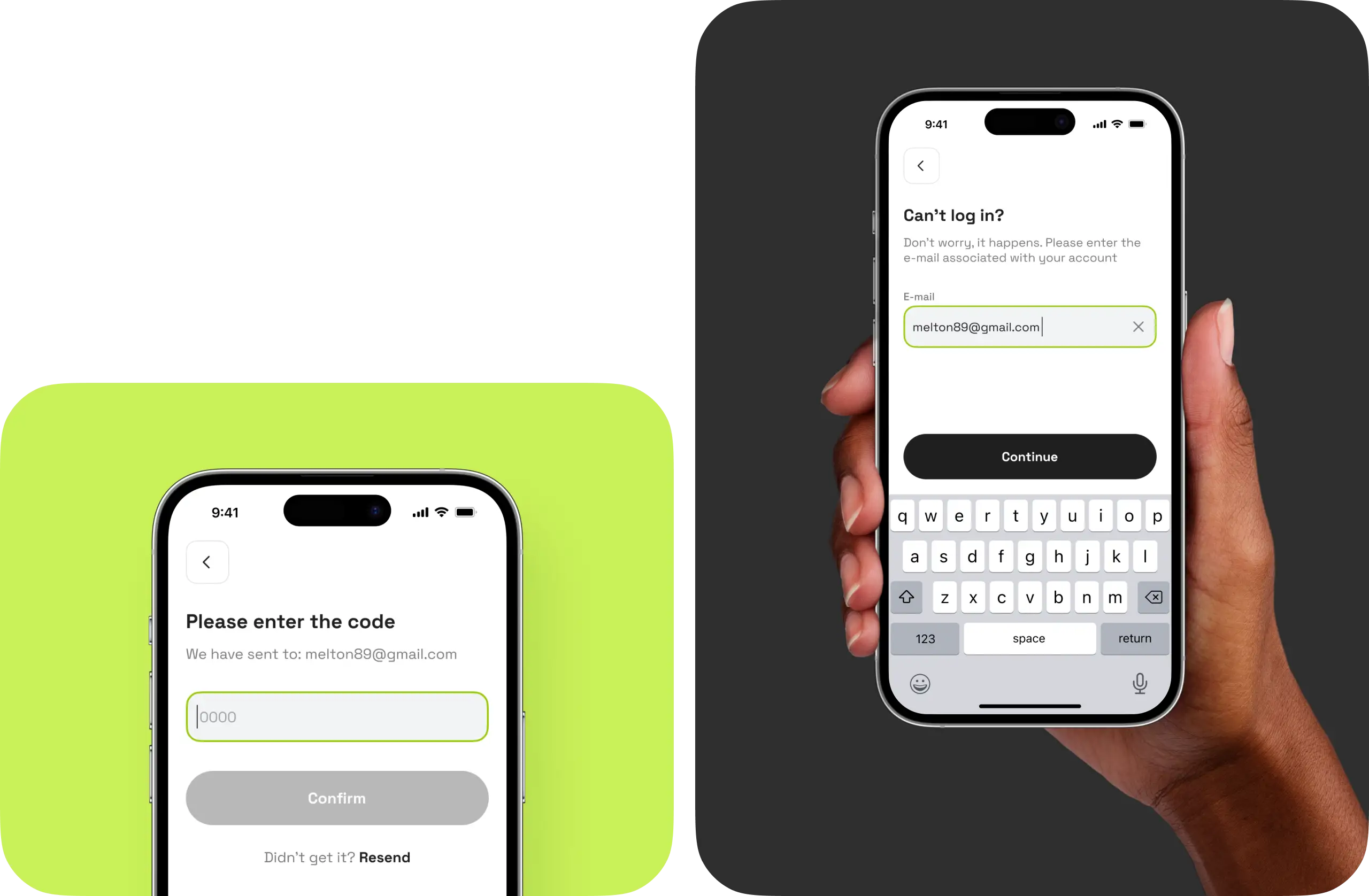 Neobank app password recovery screens: e-mail entry and verification code.