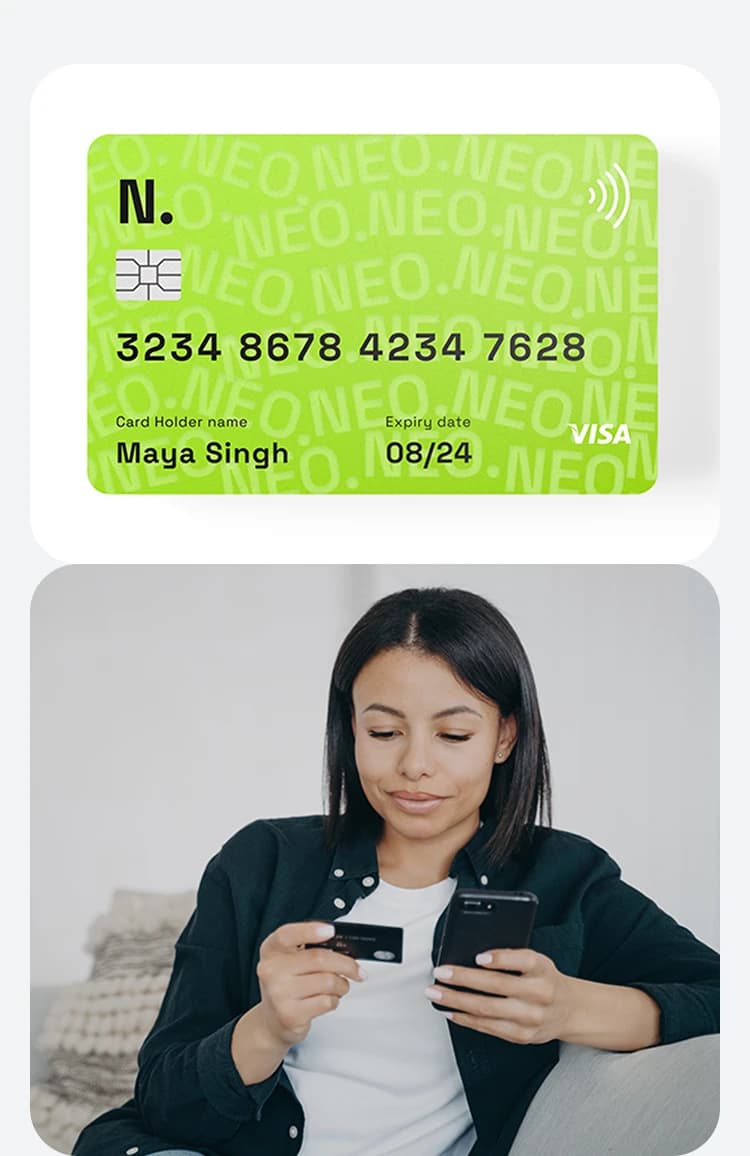 Green Neobank Visa debit card next to a woman holding a bank card and her phone.
