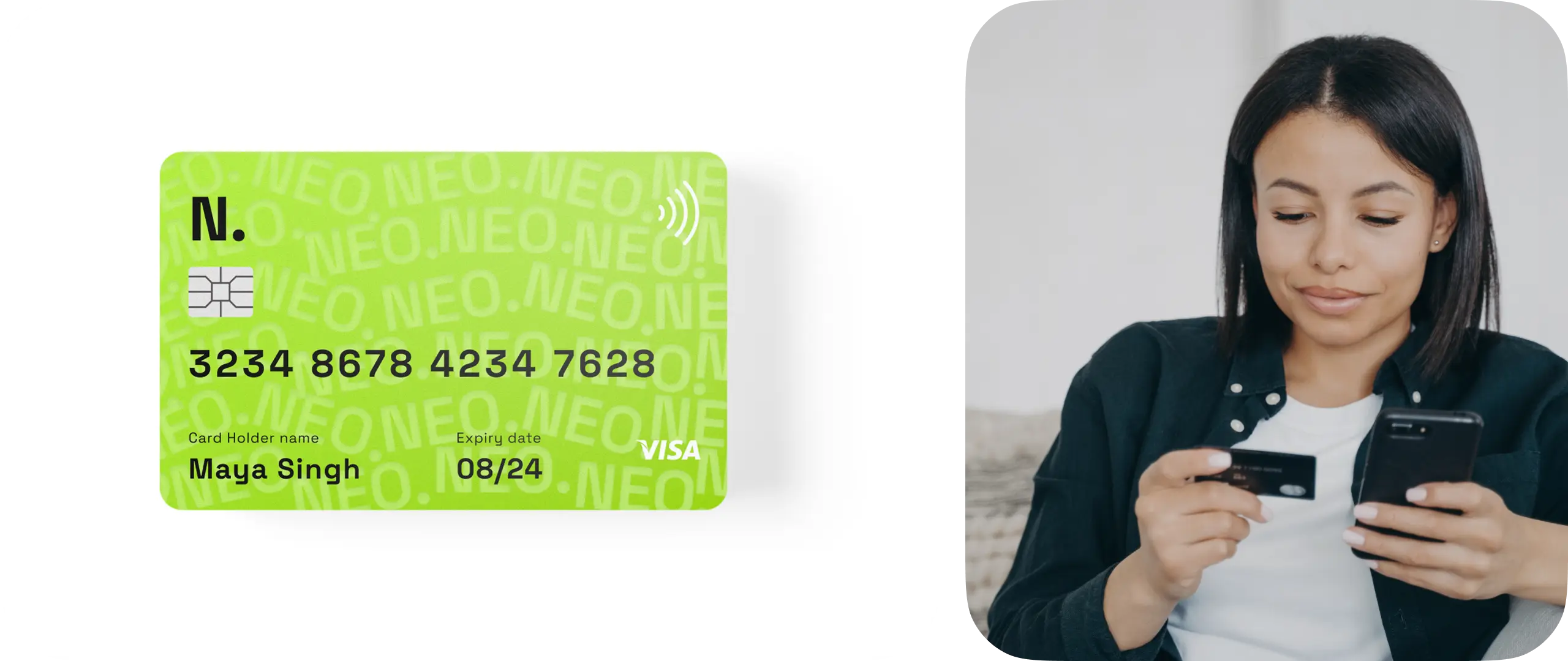 Green Neobank Visa debit card next to a woman holding a bank card and her phone.