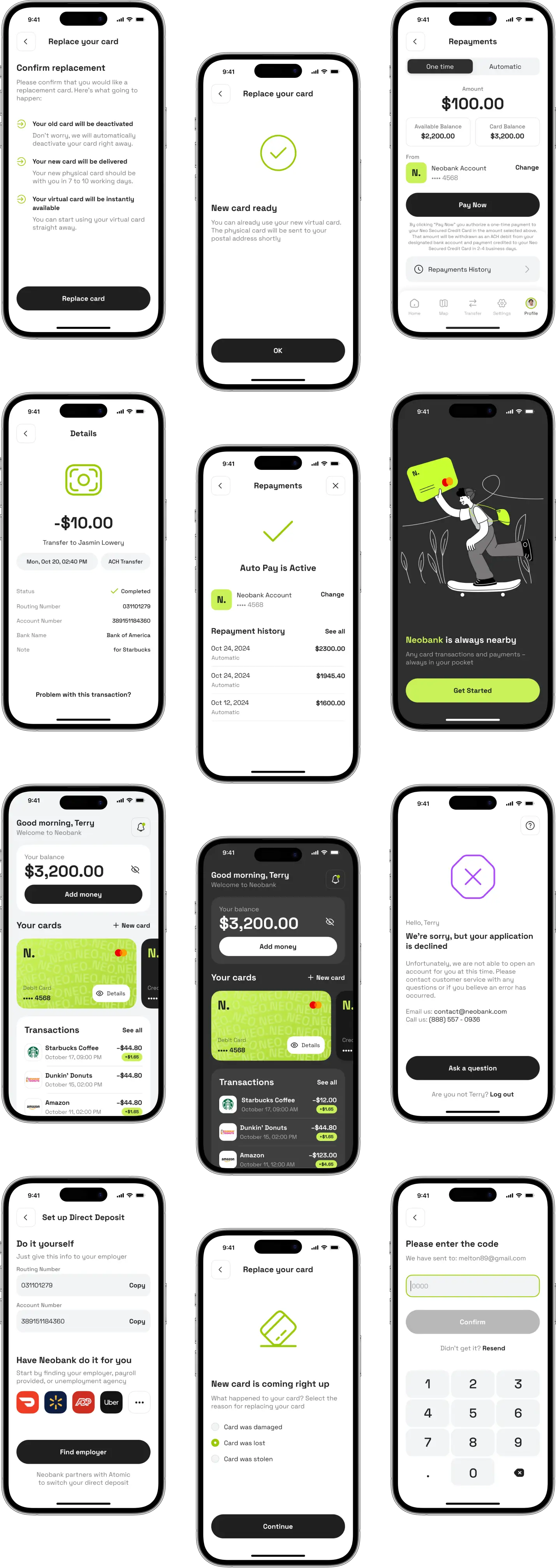 Grid of Neobank app screens showing the delivered product across many phones.