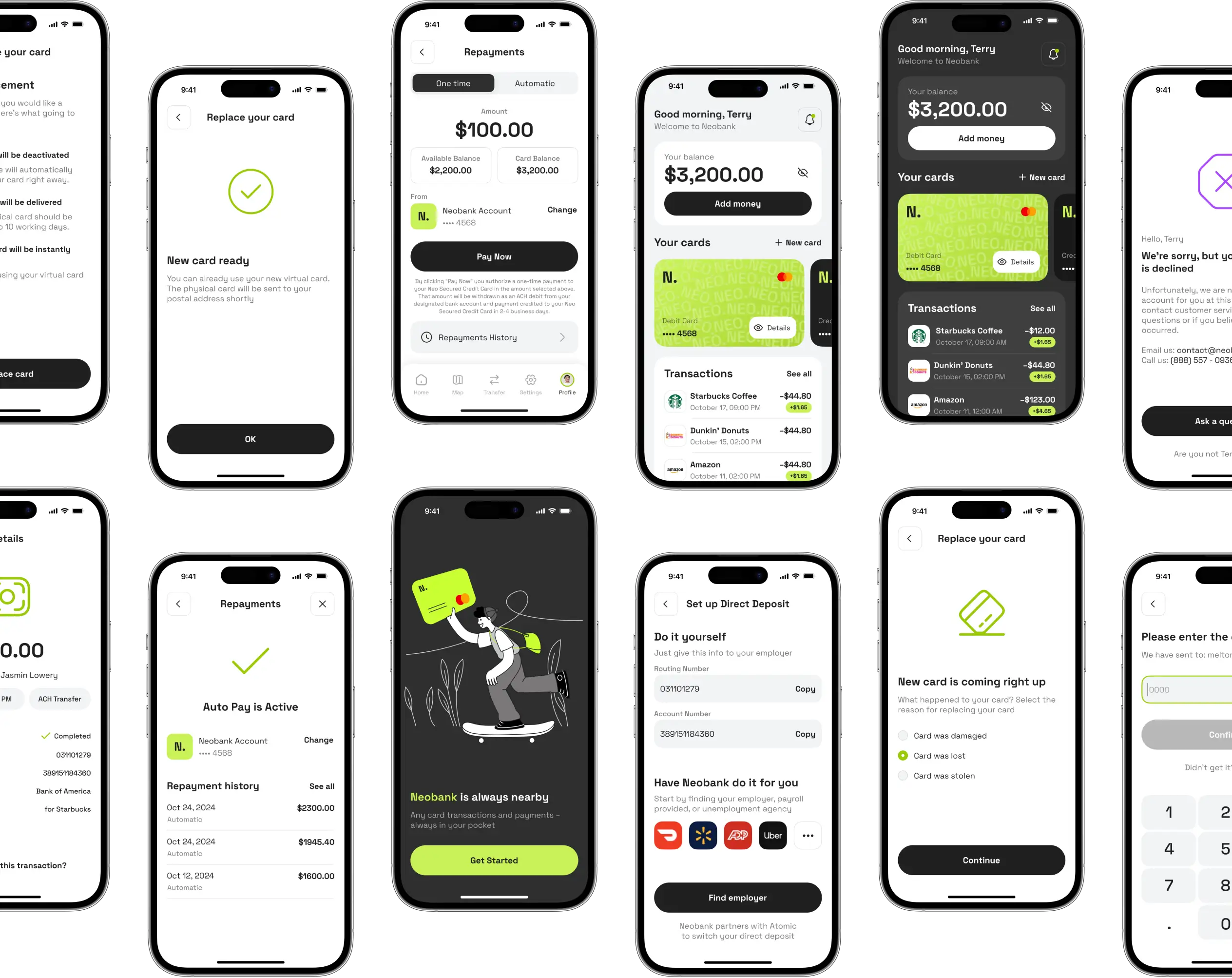 Grid of Neobank app screens showing the delivered product across many phones.