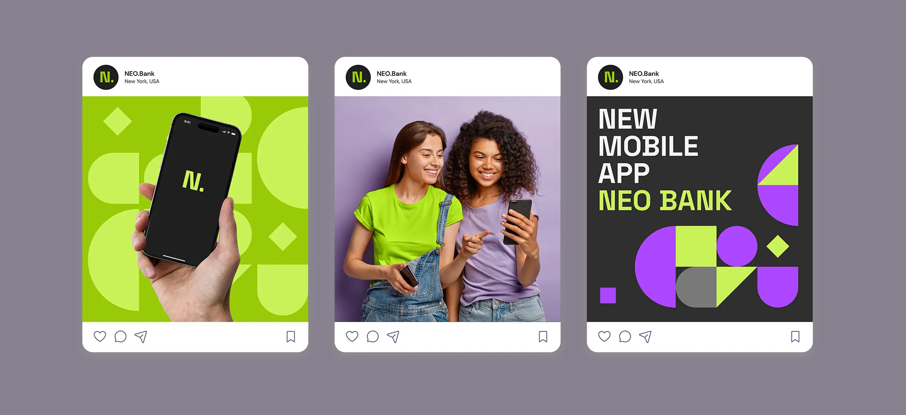 Three Neobank social media post mockups promoting the new mobile app.