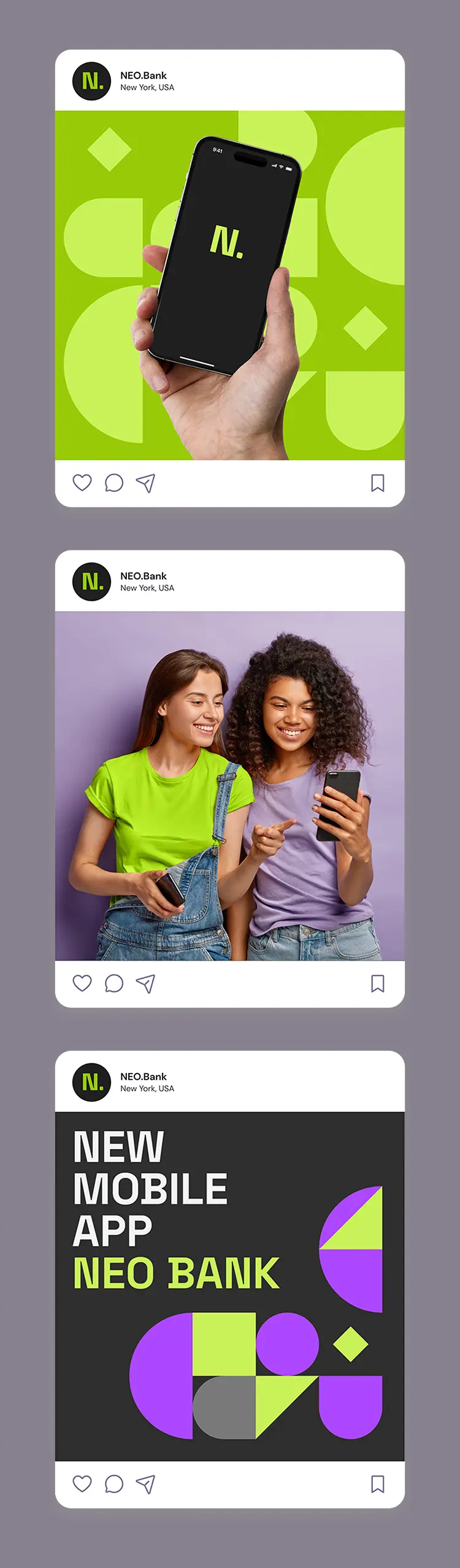 Three Neobank social media post mockups promoting the new mobile app.