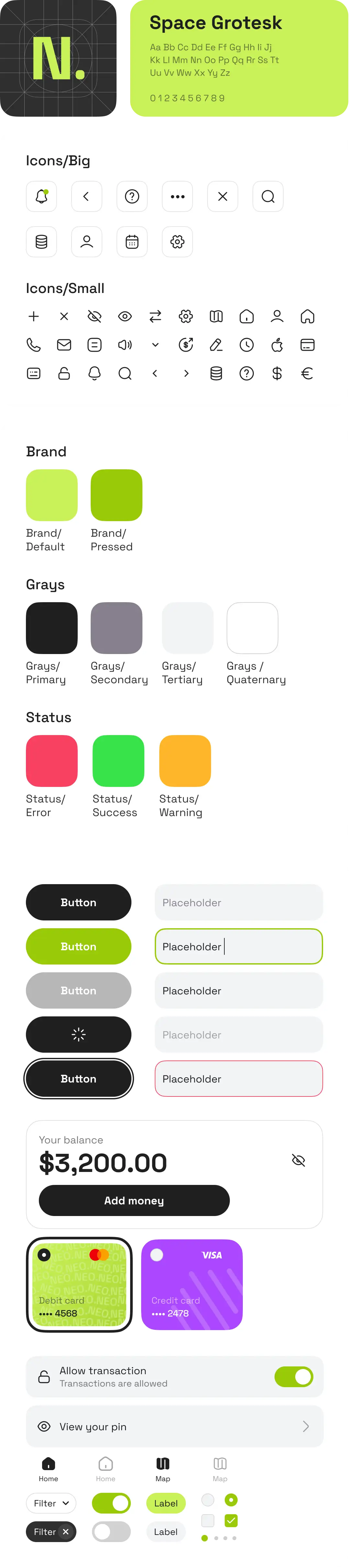 Neobank UI kit with Space Grotesk typography, brand green and grey palette, icons and buttons.
