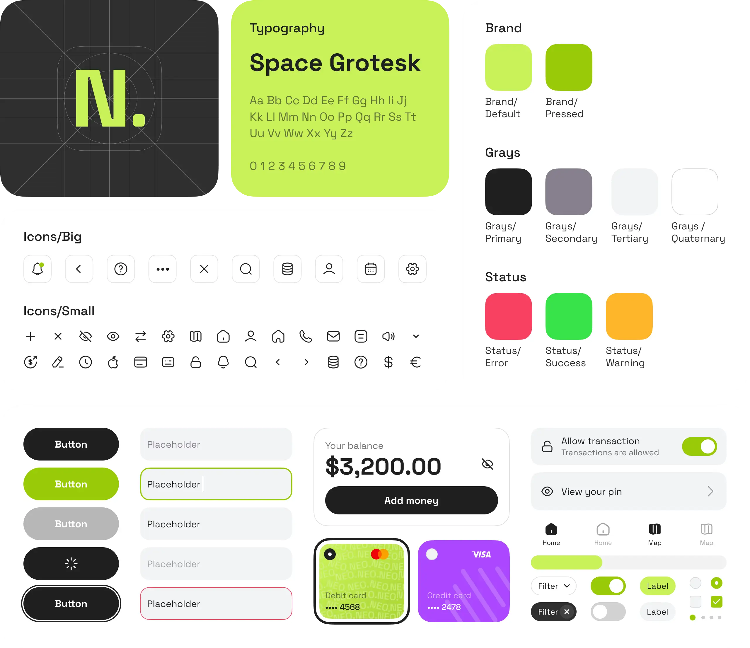 Neobank UI kit with Space Grotesk typography, brand green and grey palette, icons and buttons.