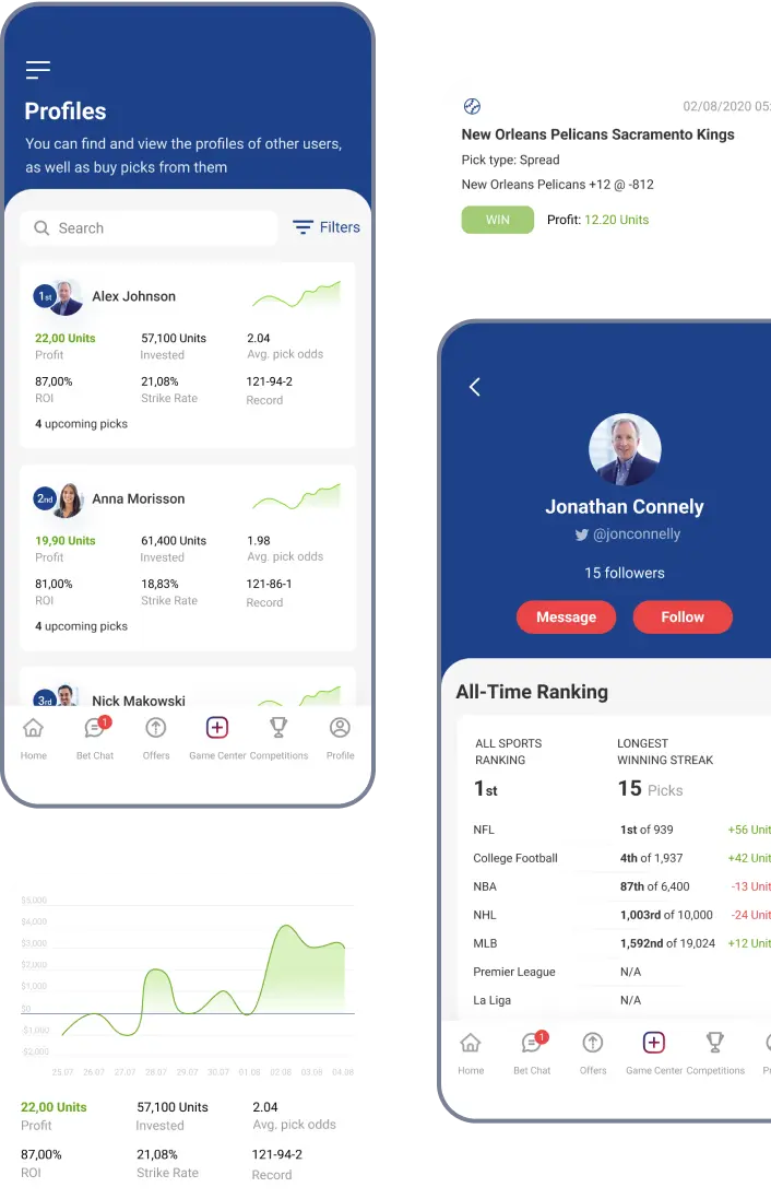 Smartphone screens showing user profile views in the OddsCrowd app.