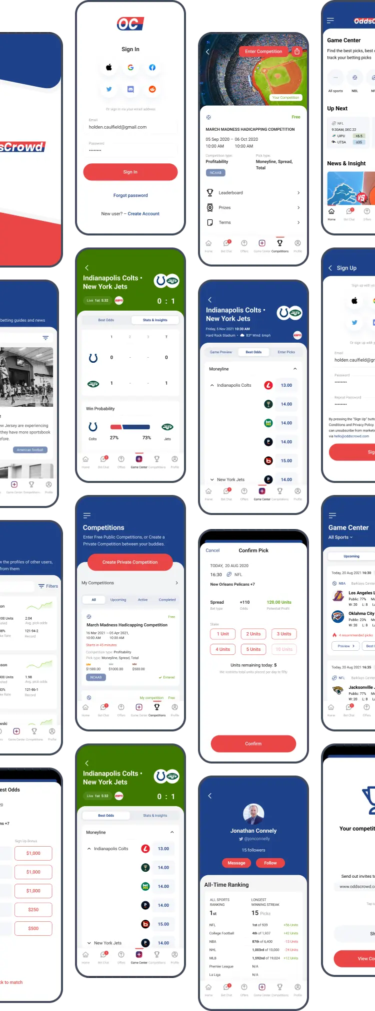 Grid of the OddsCrowd app screens, from sign in and Game Center to competitions and profile stats.