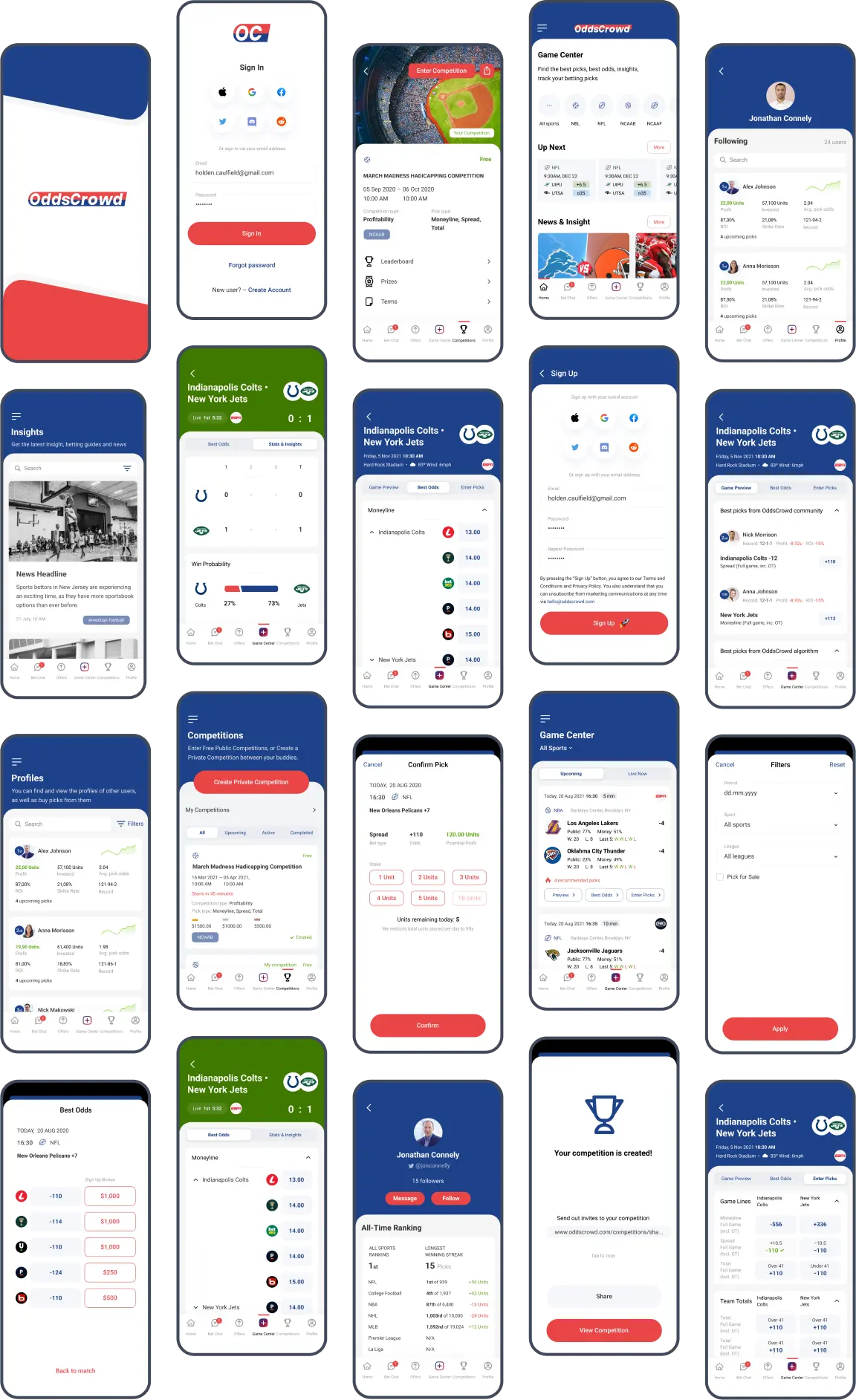 Grid of the OddsCrowd app screens, from sign in and Game Center to competitions and profile stats.