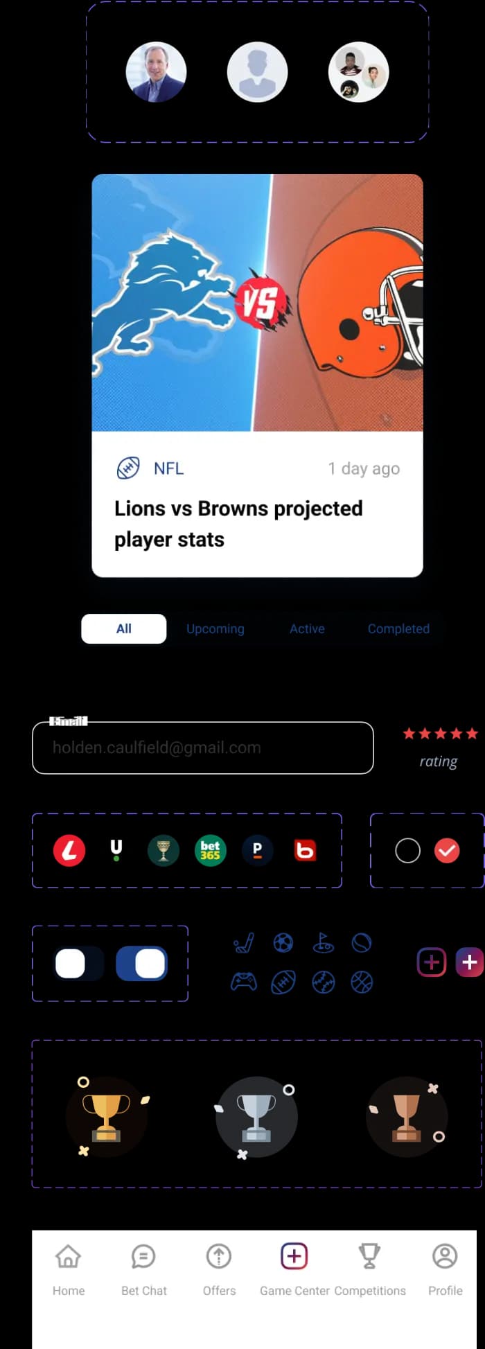 OddsCrowd app UI kit showing components, screens and design elements.
