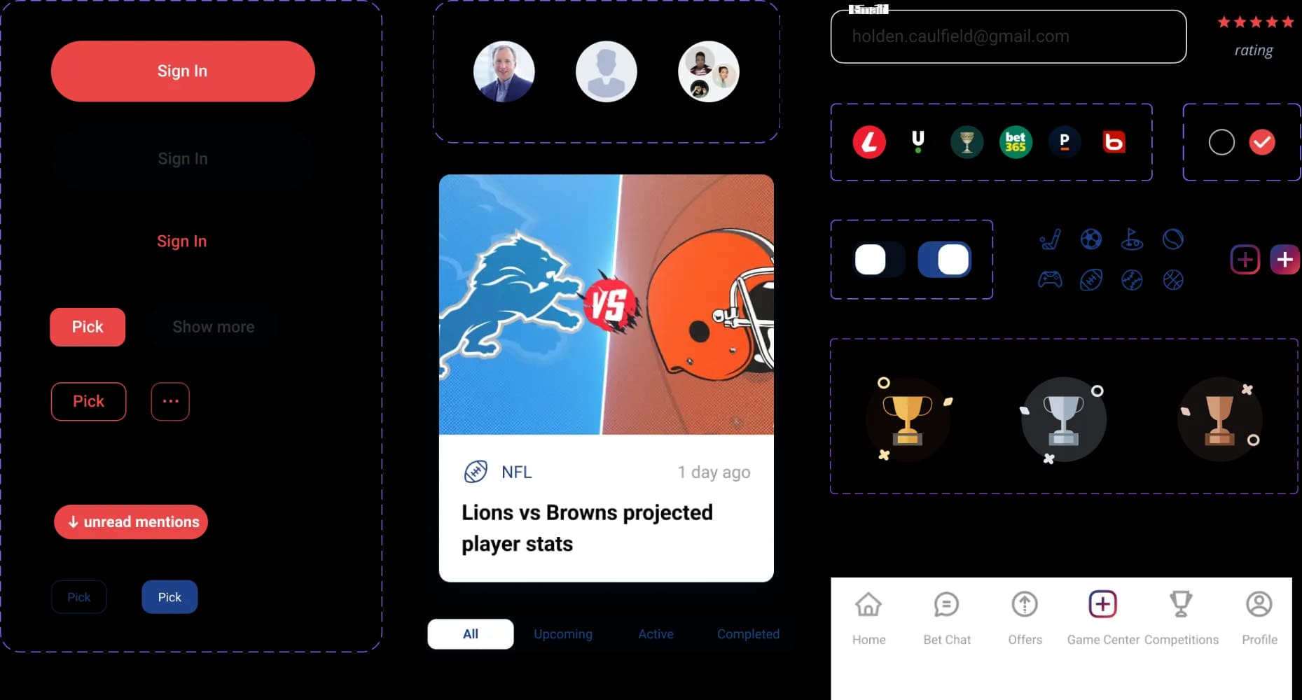 OddsCrowd app UI kit showing components, screens and design elements.