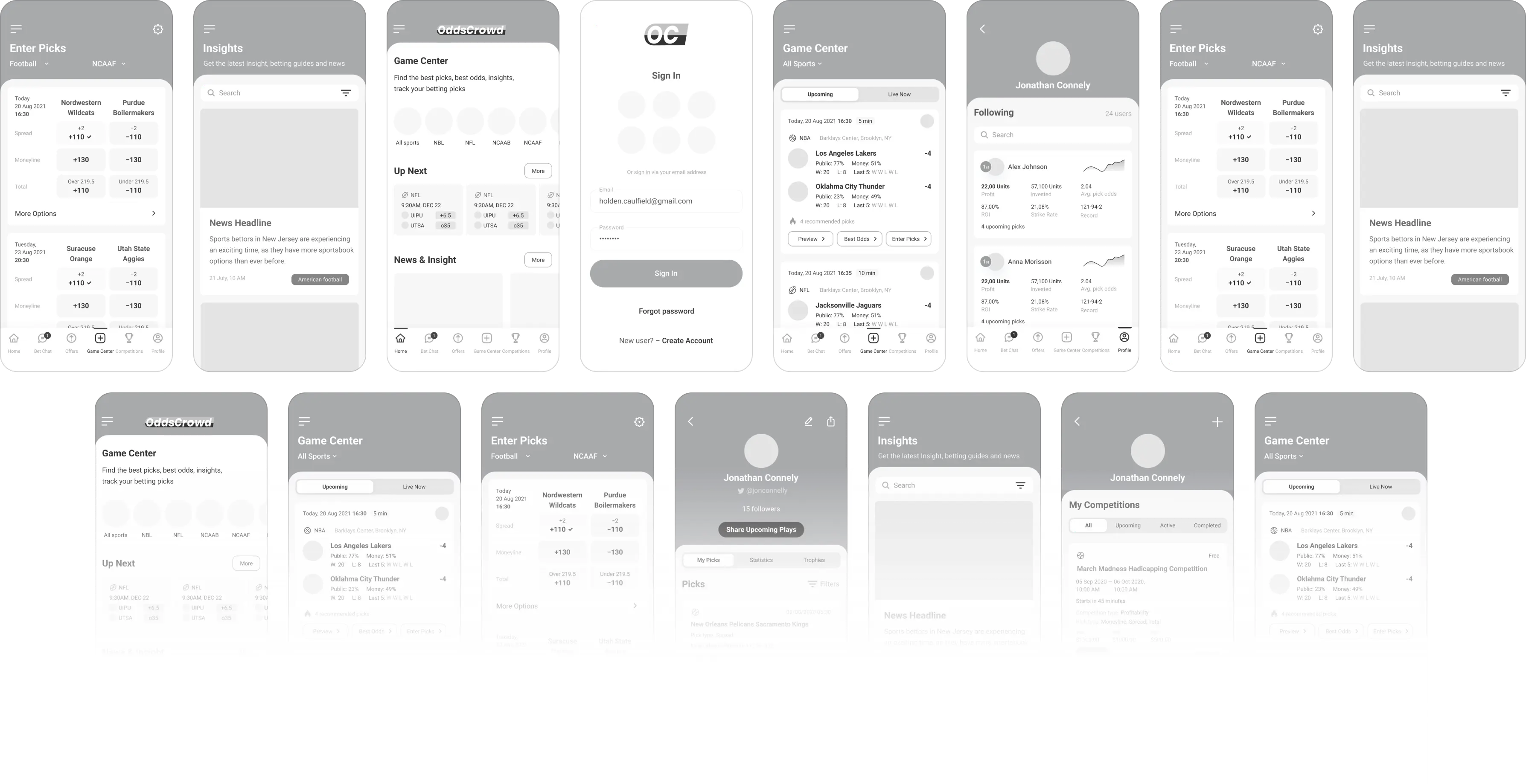 Grayscale wireframes of OddsCrowd app screens laid out in rows.