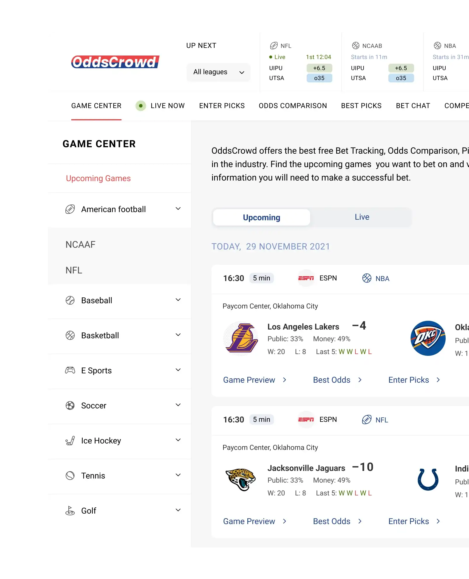 OddsCrowd game center screen with upcoming games, team stats, and betting resources.