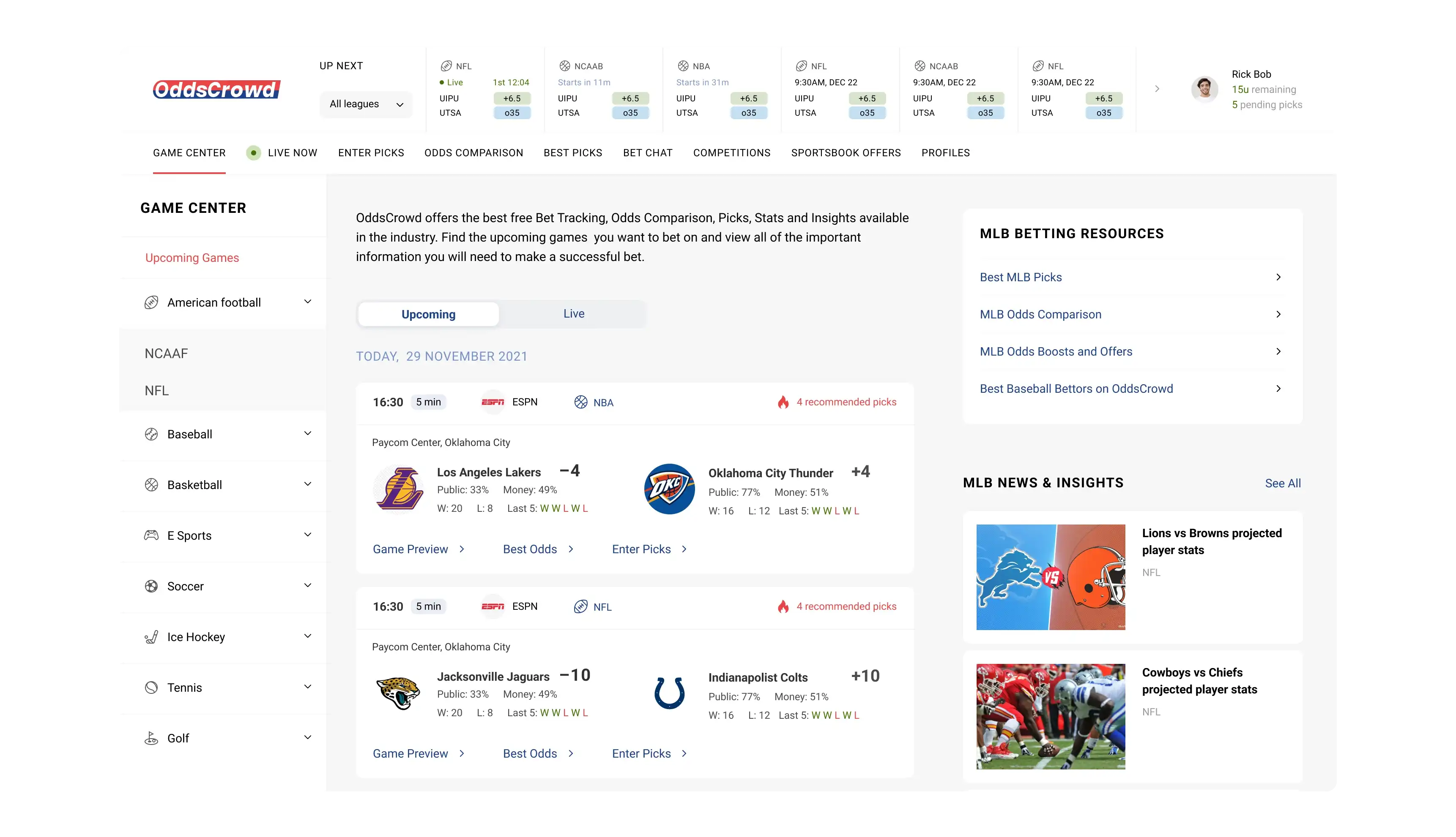 OddsCrowd game center screen with upcoming games, team stats, and betting resources.