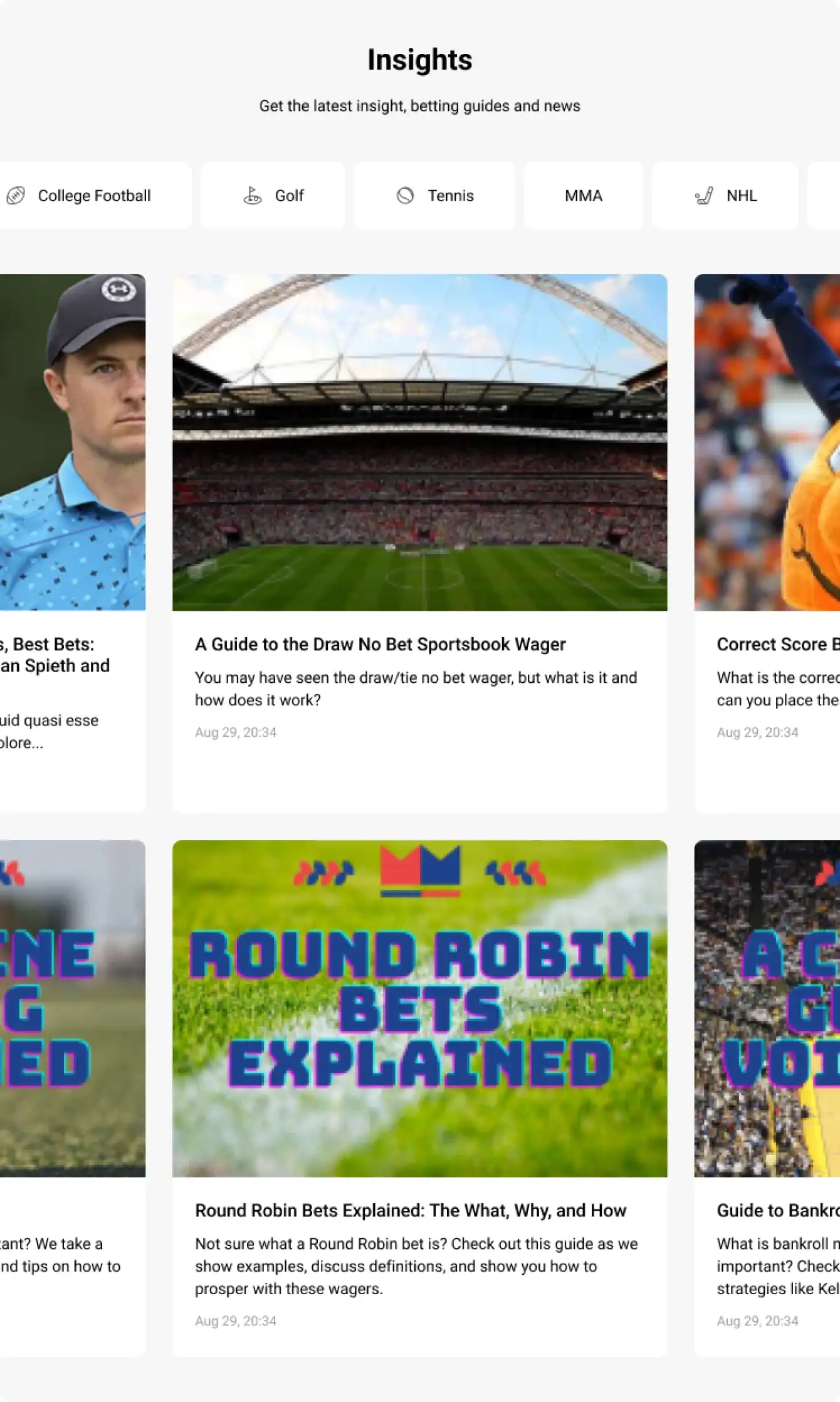 OddsCrowd news feed with sports articles and thumbnail images.