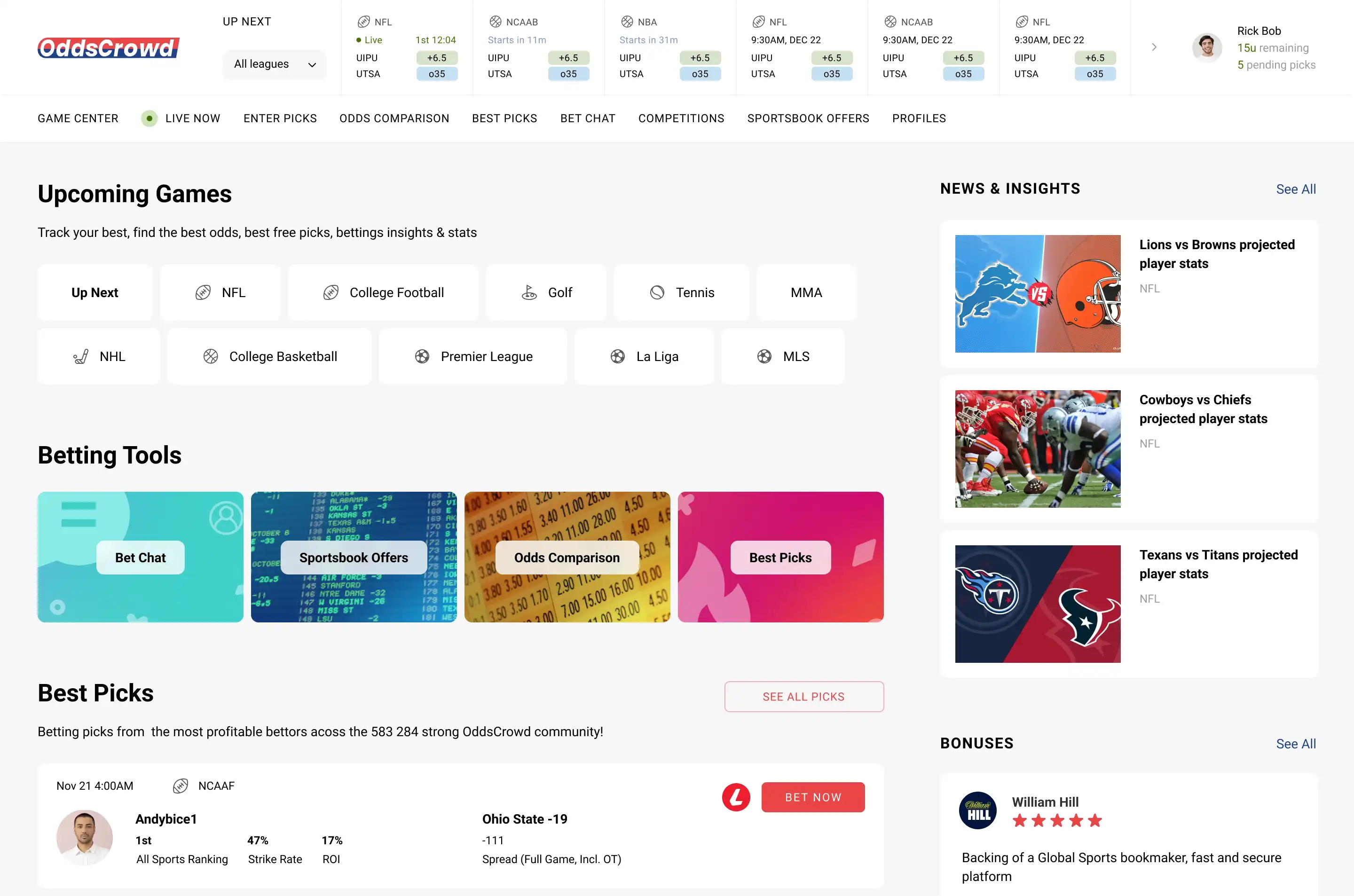 OddsCrowd main page with upcoming games, betting tools, best picks, and a news and bonuses sidebar.