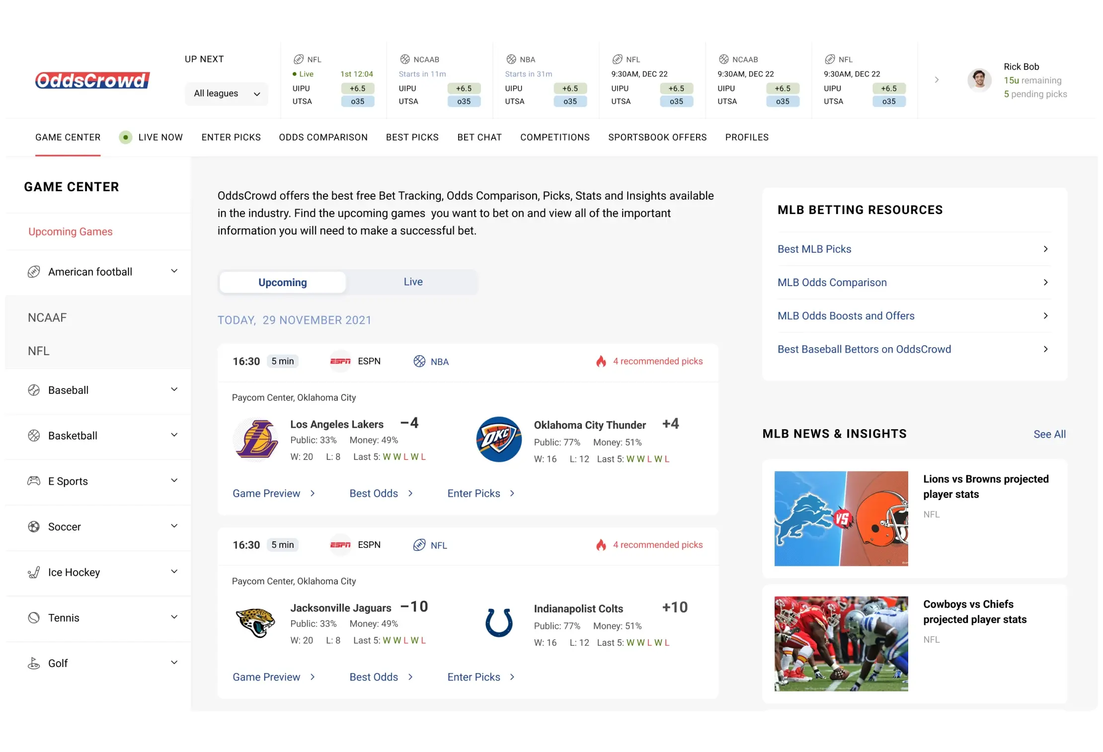 OddsCrowd game center with a sports sidebar, upcoming games, and MLB betting resources.
