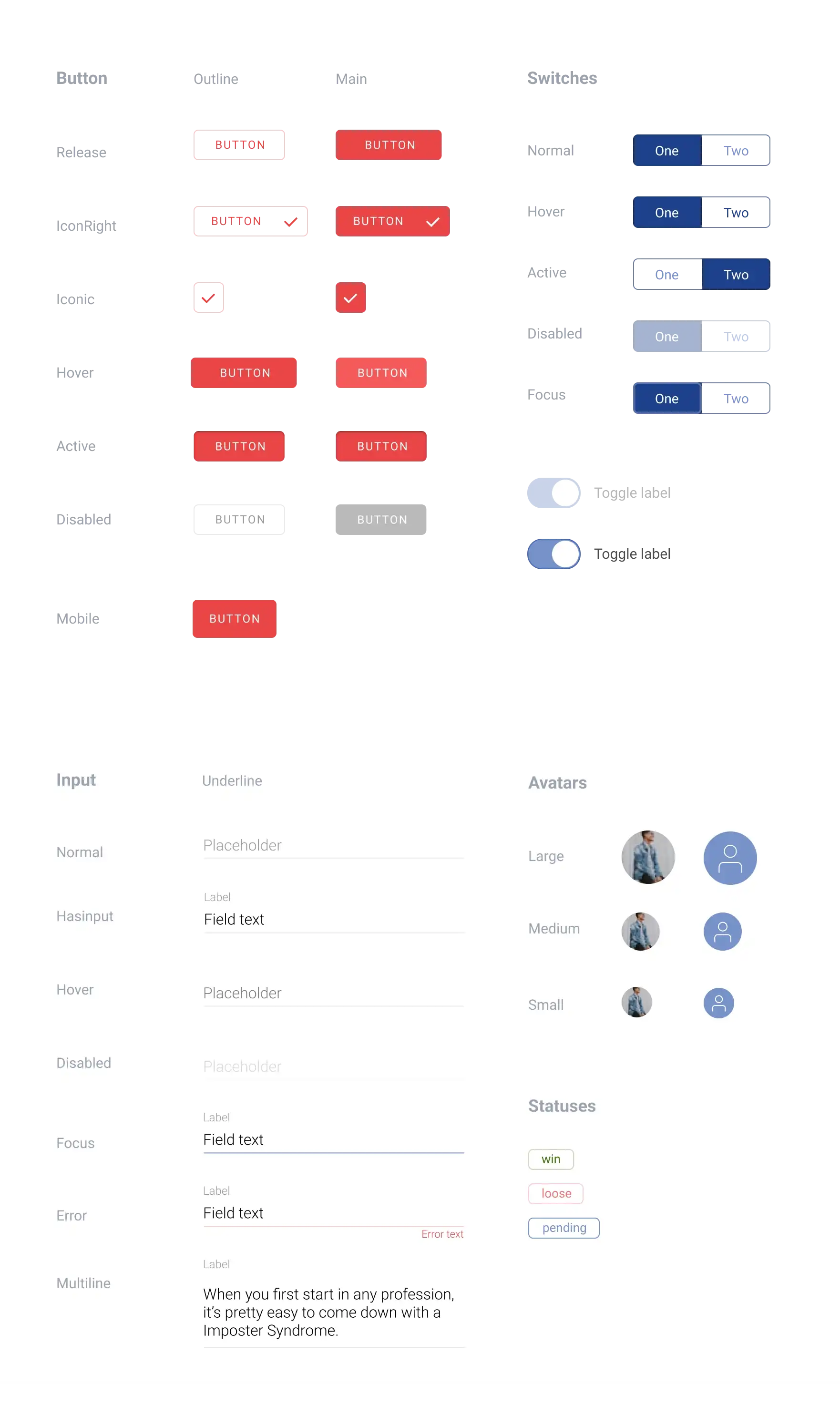 OddsCrowd UI kit with button, switch, input, avatar, and status component states.