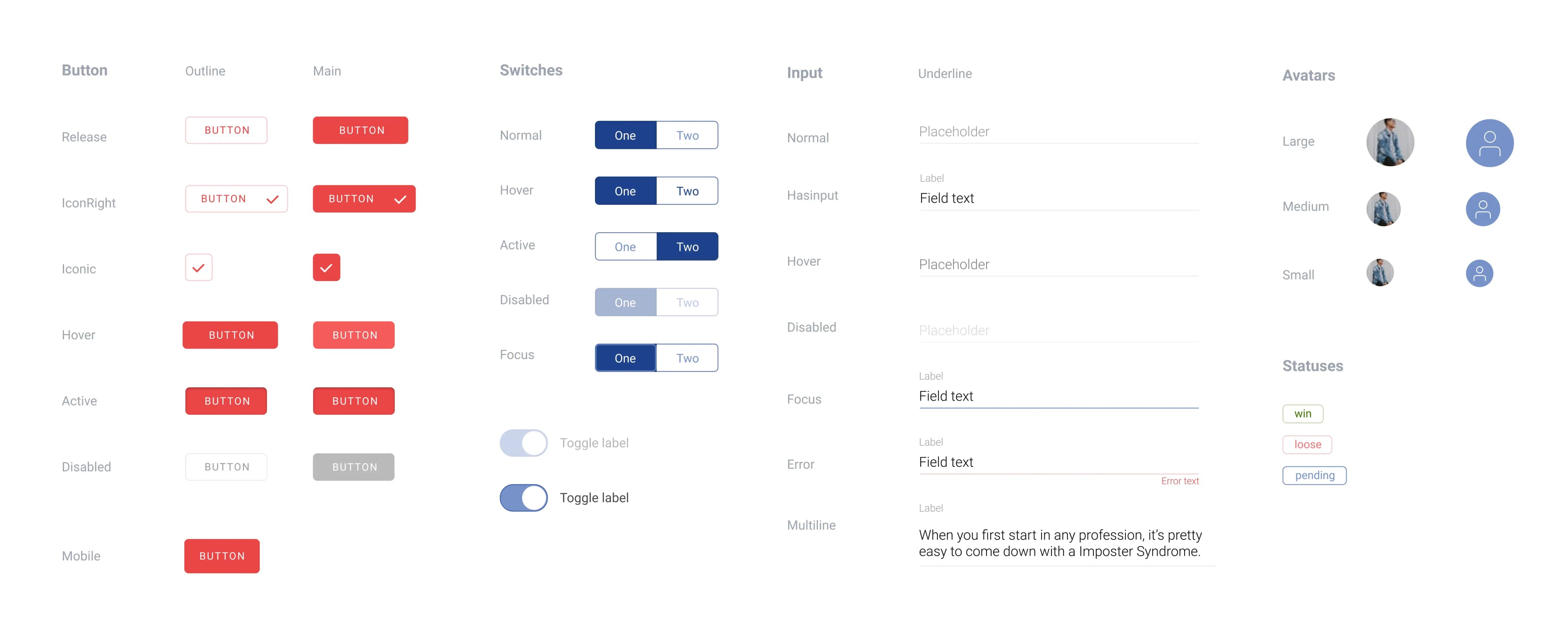 OddsCrowd UI kit with button, switch, input, avatar, and status component states.