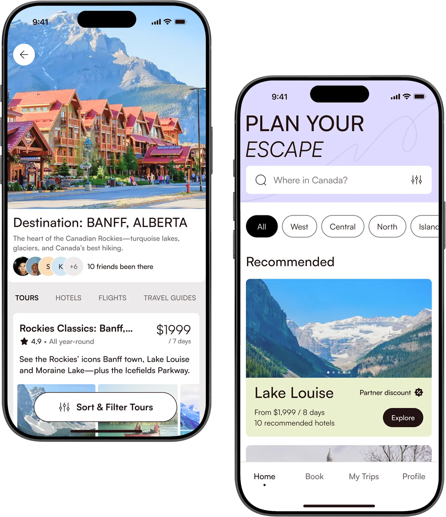 Two phone screens showing a destination page and the recommended trips feed with region filters.