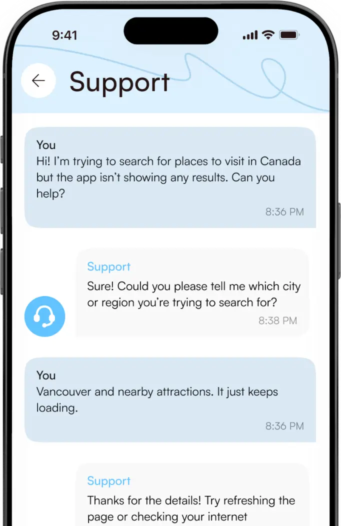 Phone showing a support chat between a traveler and a support agent.