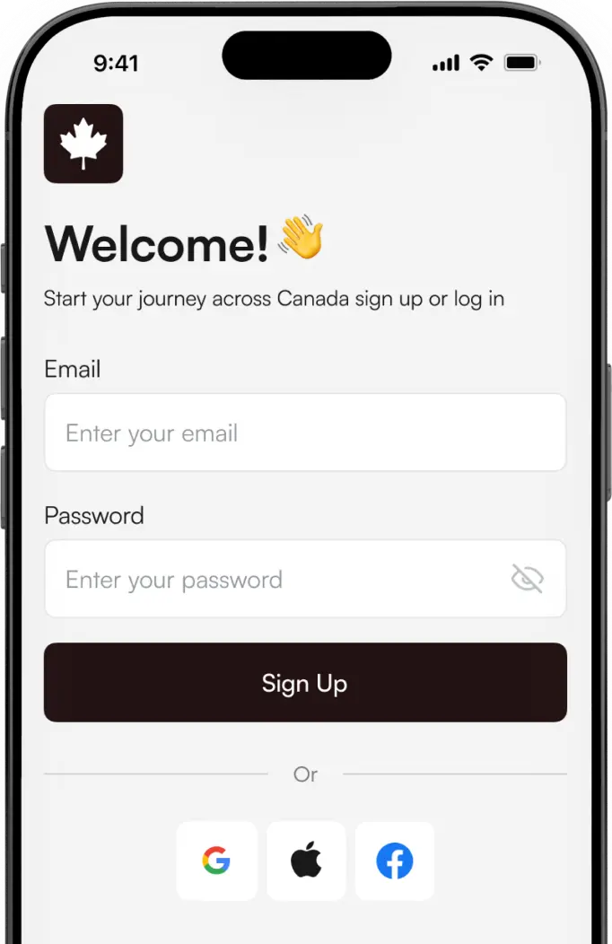 Phone showing the sign-up screen with Google, Apple, and Facebook login buttons.