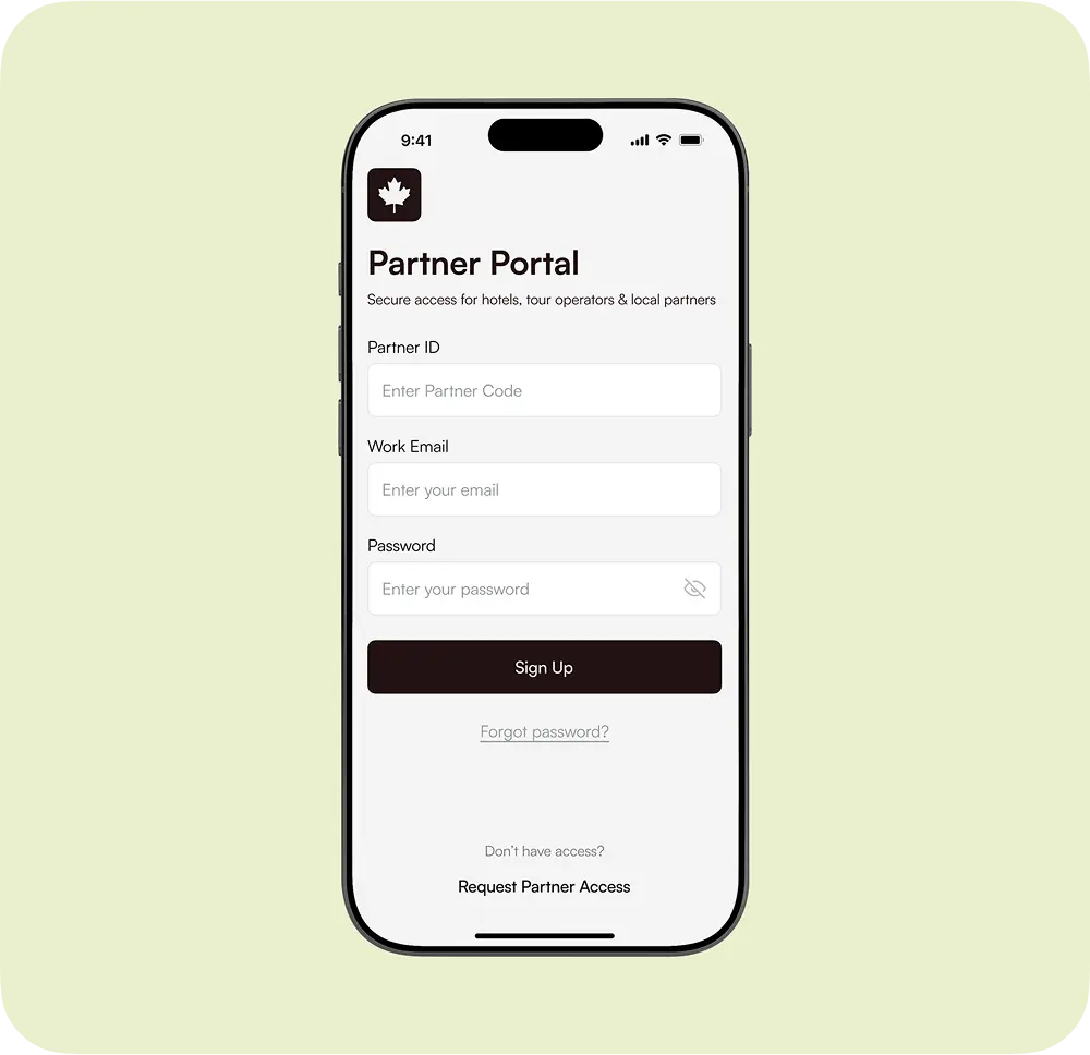 Phone showing the partner portal sign-up screen with partner ID, work email, and password fields.