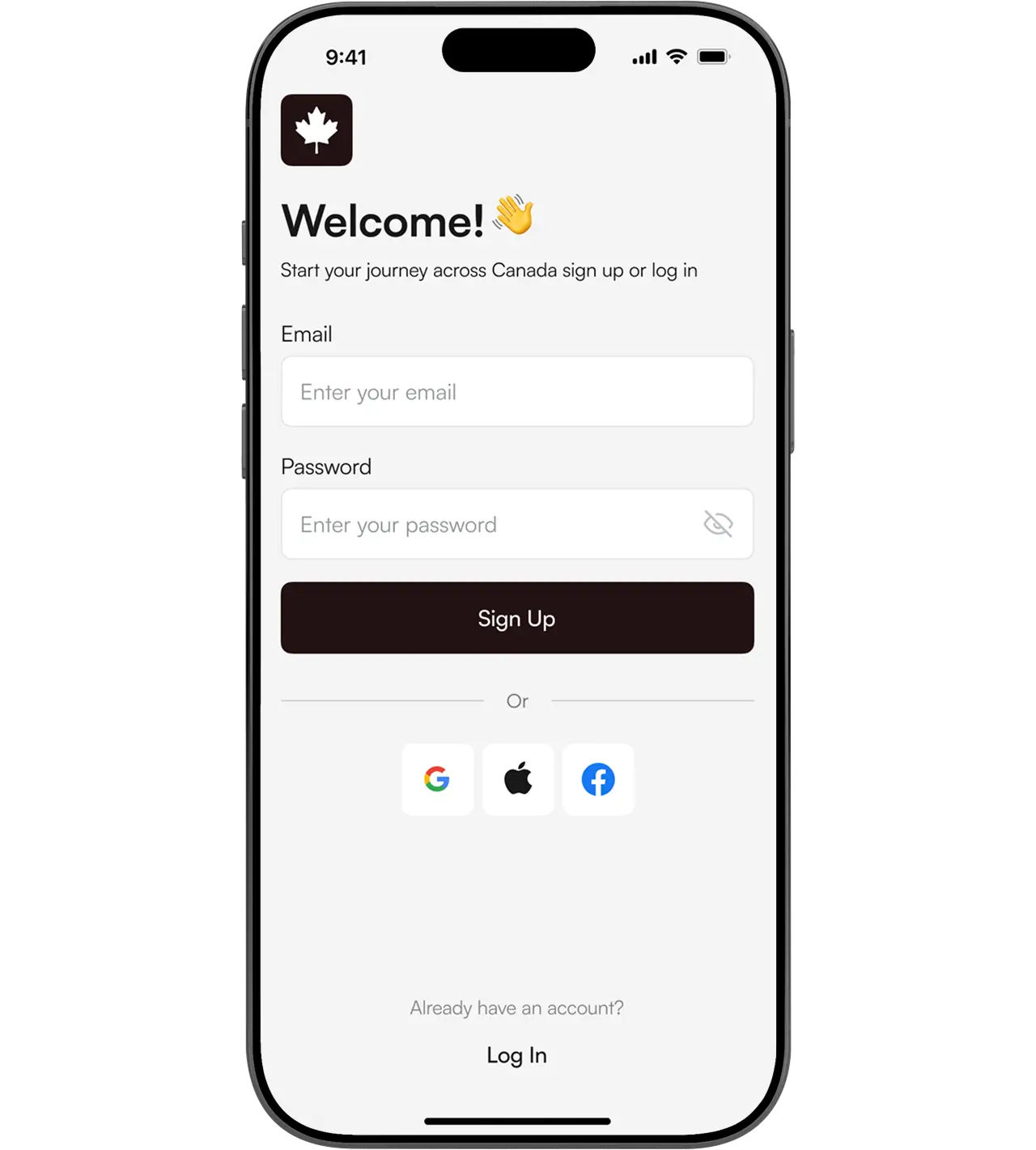 Phone showing the sign-up screen with email, Google, Apple, and Facebook login options.
