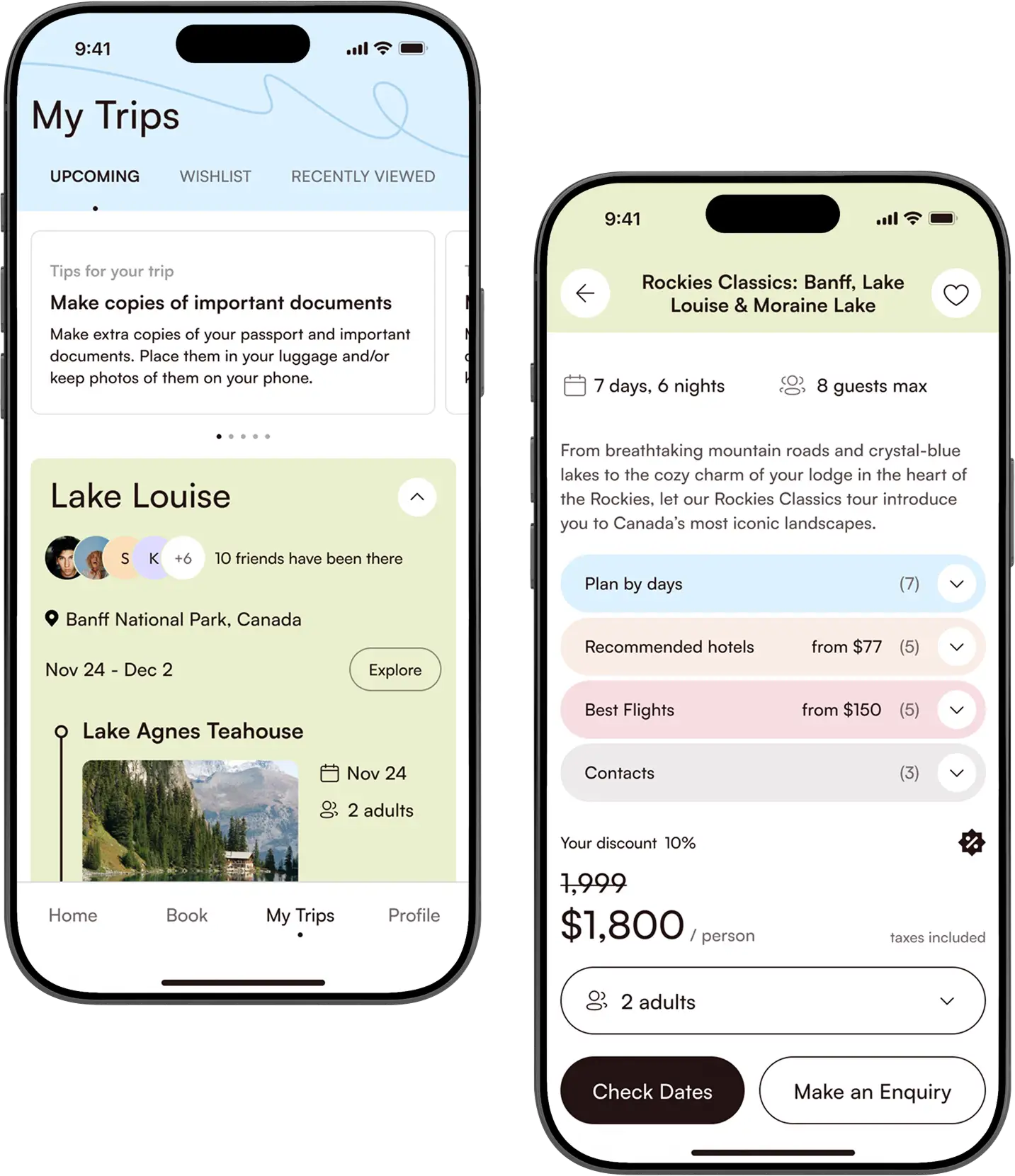 Two phone screens showing the My Trips list and a tour page with itinerary, price, and booking buttons.