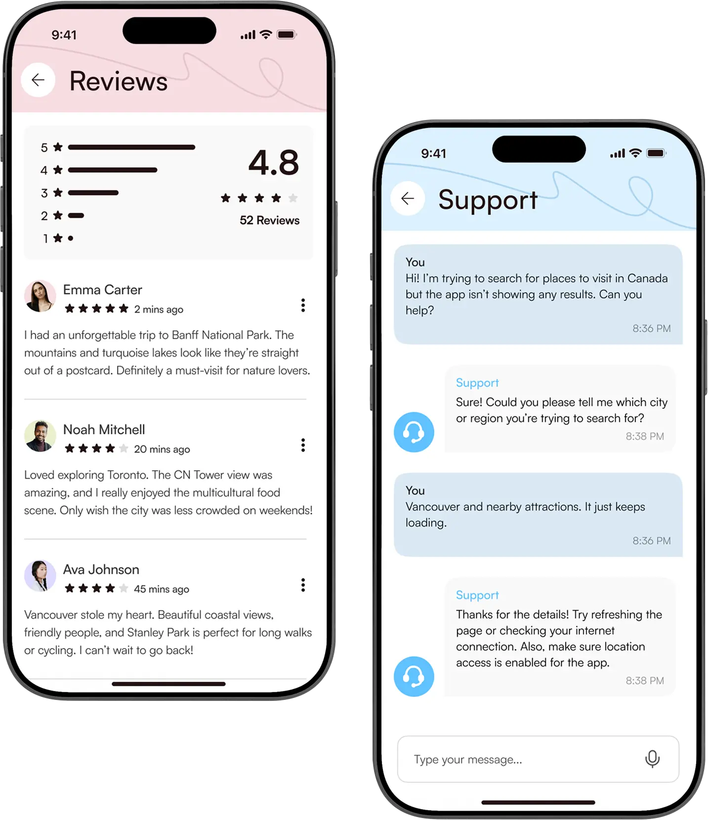 Two phone screens showing traveler reviews with a rating breakdown and a support chat.