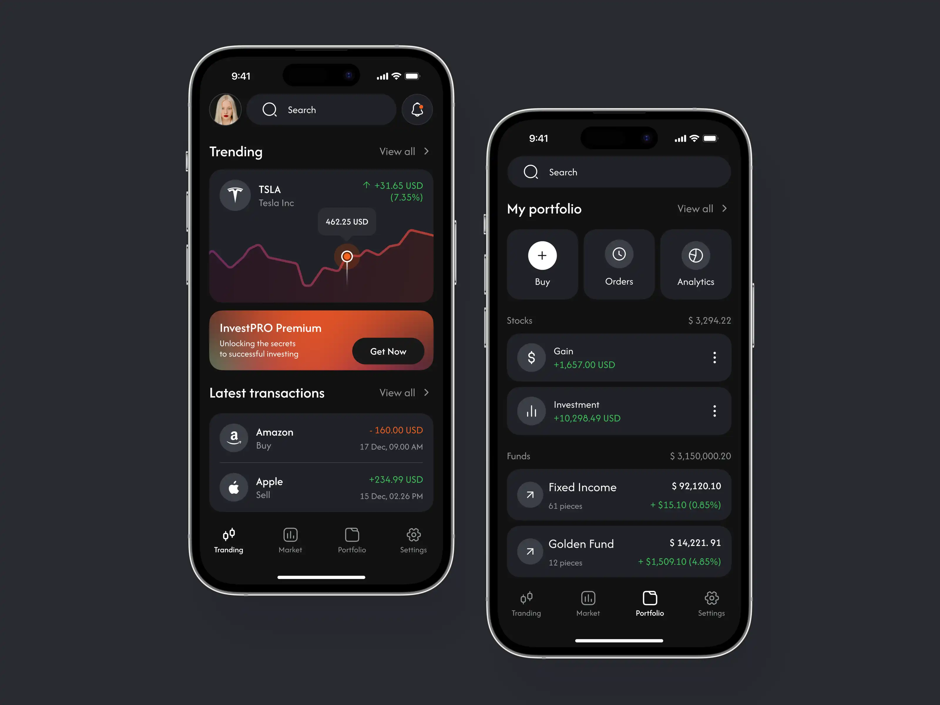 User Portfolio Screen with Analytics and Transaction Overview