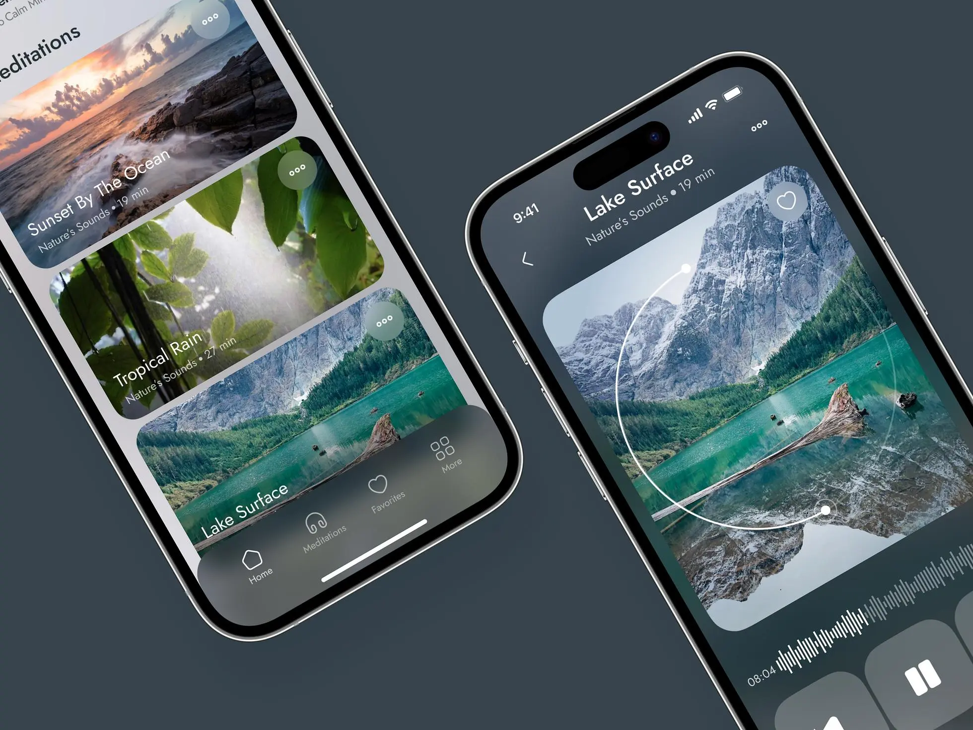 Meditation mobile app concept: Two screen showing the main design features