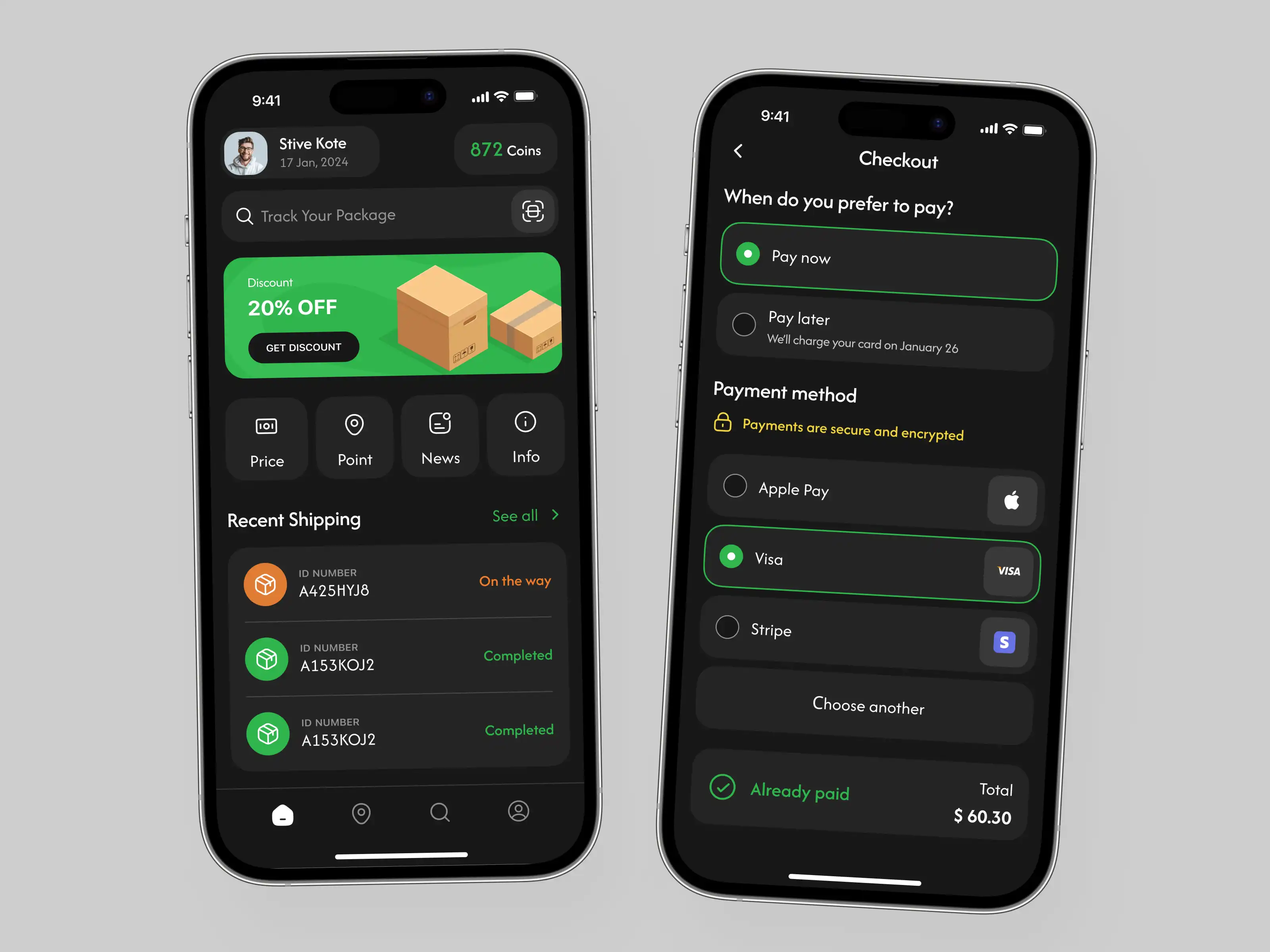 Checkout Screen with Multiple Payment Methods in Tracking App