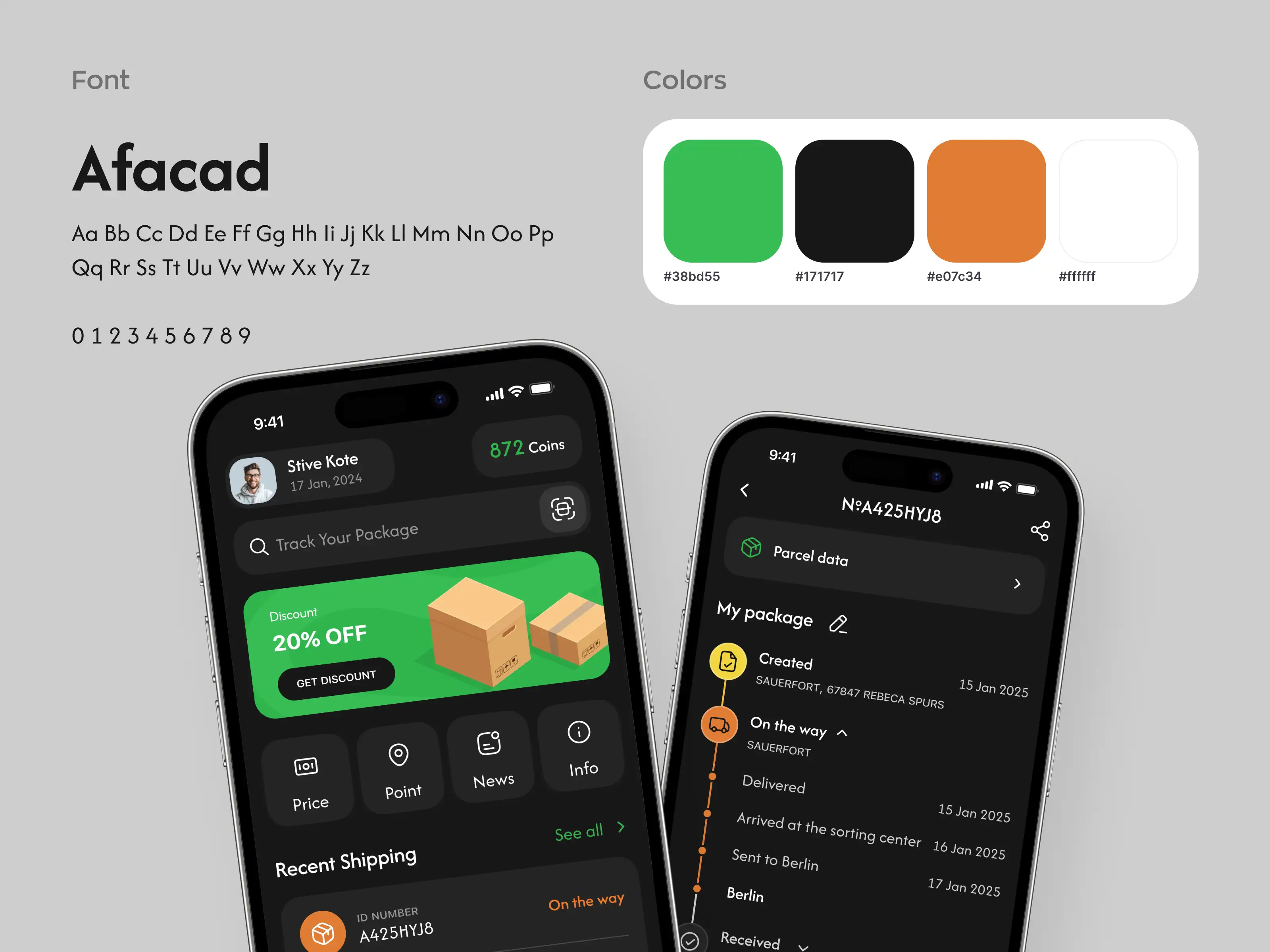 Dark Themed Package Tracking App Design with Green Accents